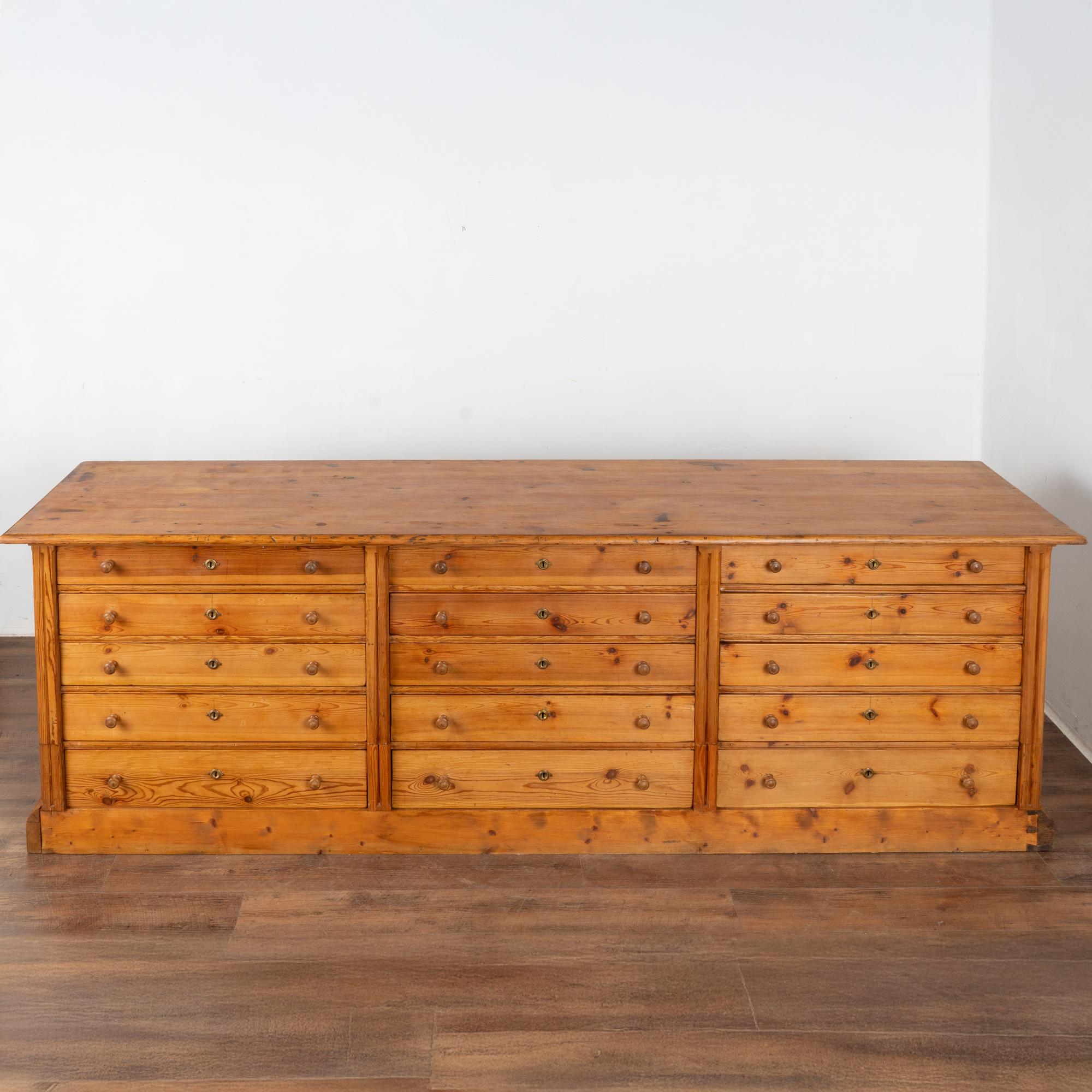 Long Pine 15 Drawer Apothecary Counter Island, Denmark circa 1860-80 In Good Condition In Round Top, TX