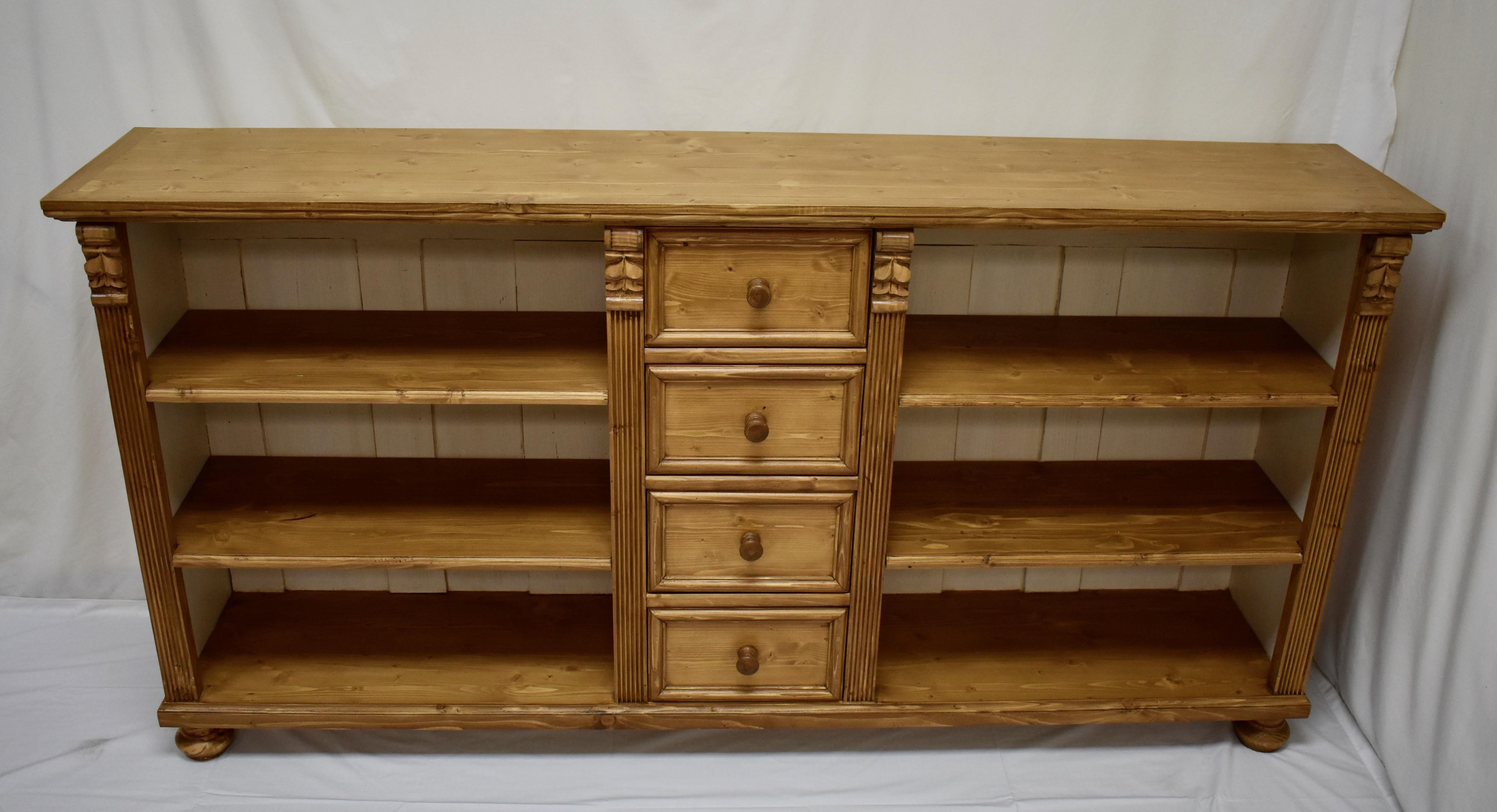 Antique pine bookcases can be hard to find and so can well-made reproductions. Using design features and methods of construction found on our antique pine furniture, our workshop in Europe takes lightly-used reclaimed pine and fashions our