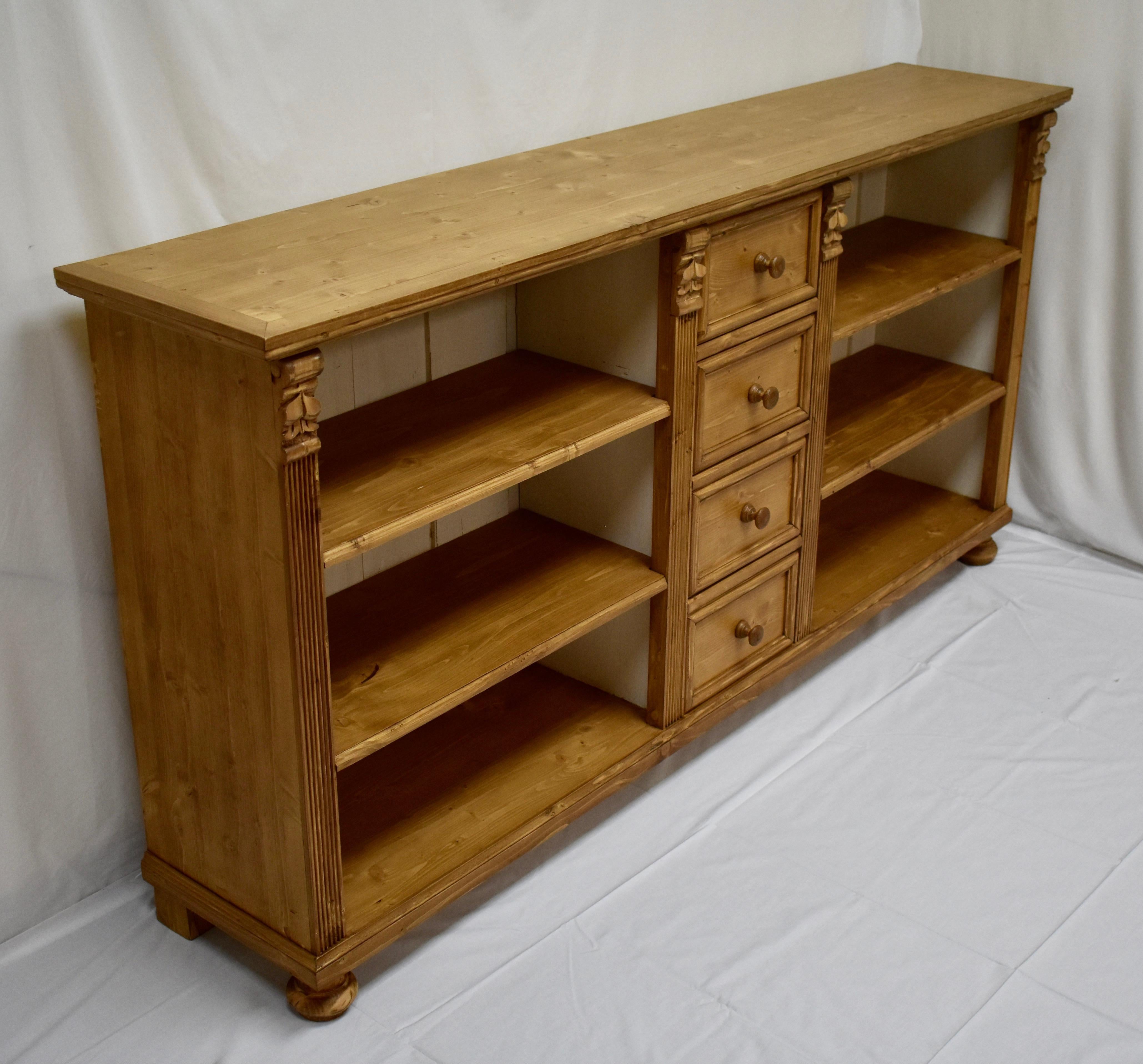 Hungarian Long Pine Bookcase with Four Drawers