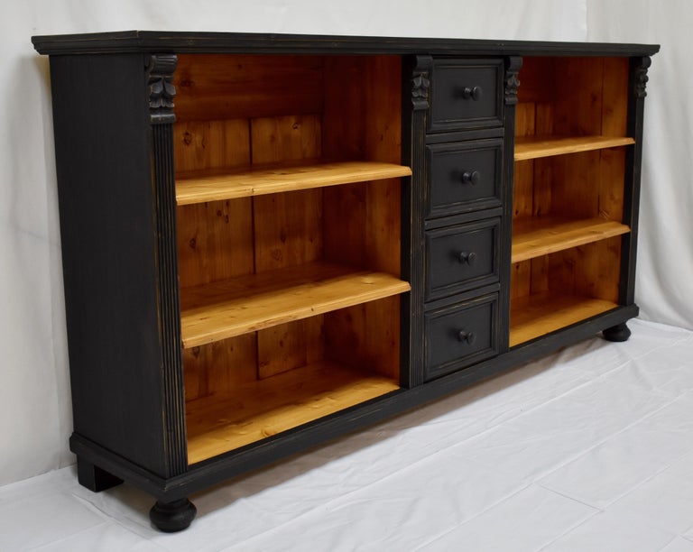 Long Pine Bookcase with Four Drawers For Sale at 1stdibs