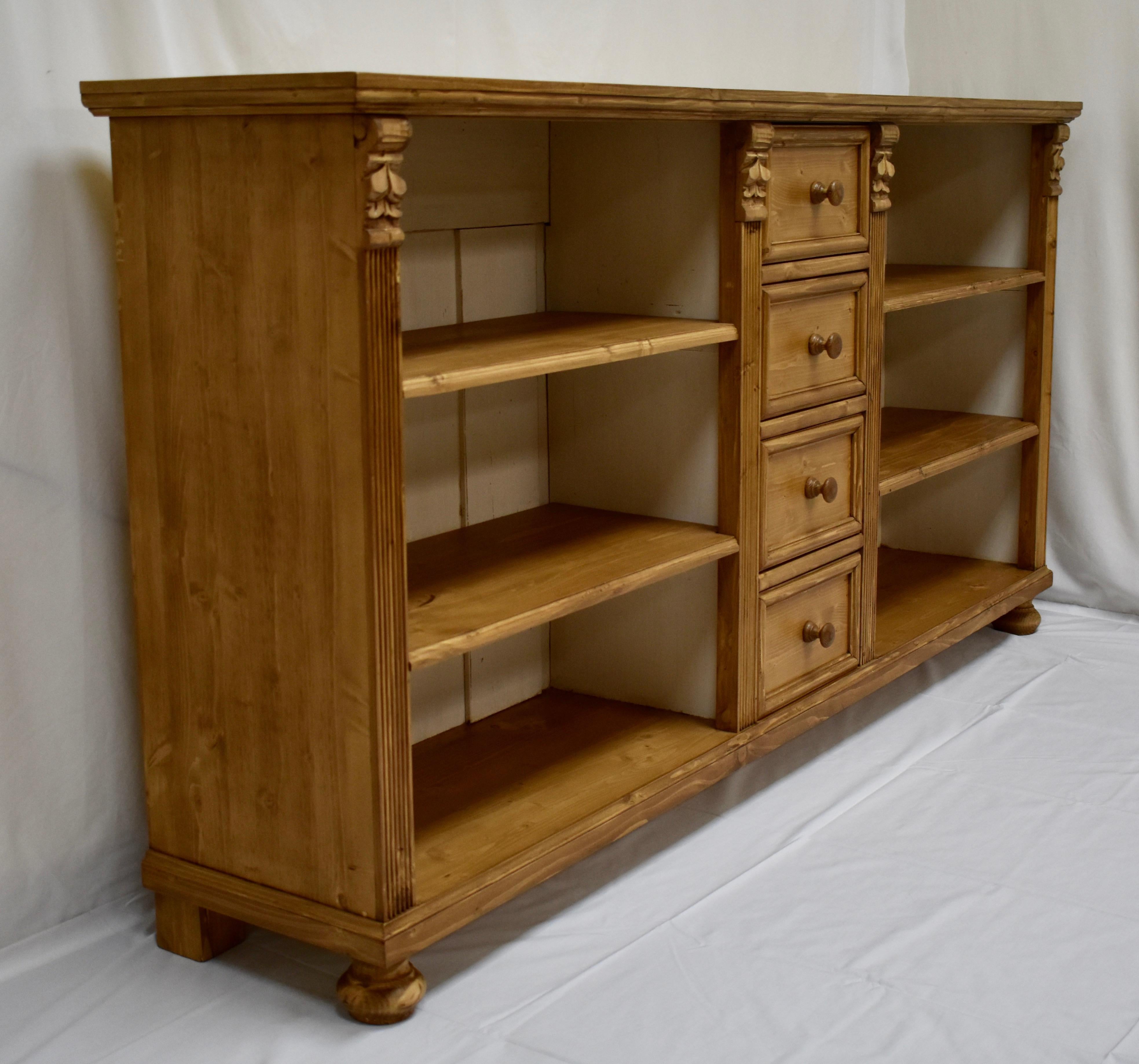 Hand-Painted Long Pine Bookcase with Four Drawers