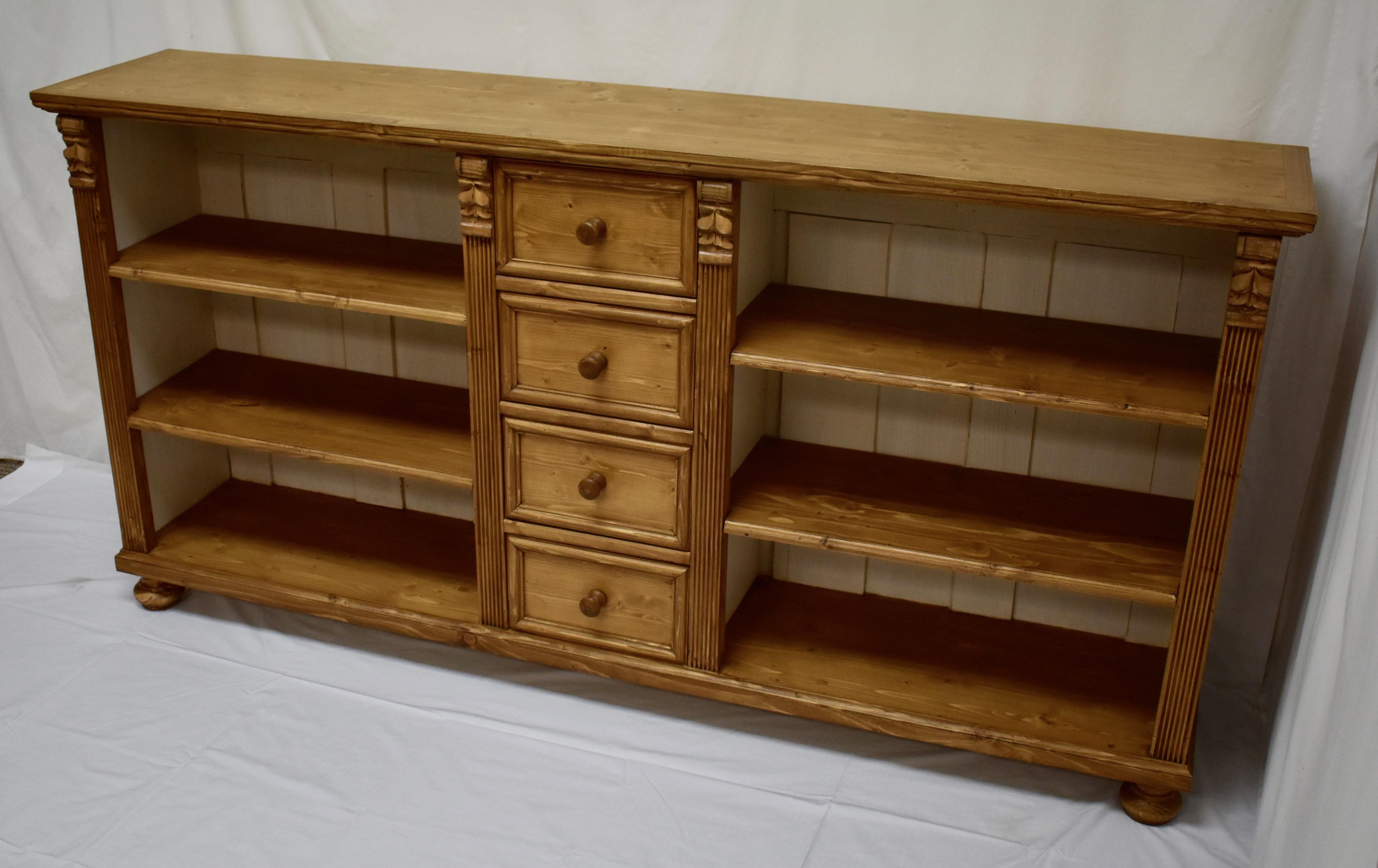 Contemporary Long Pine Bookcase with Four Drawers