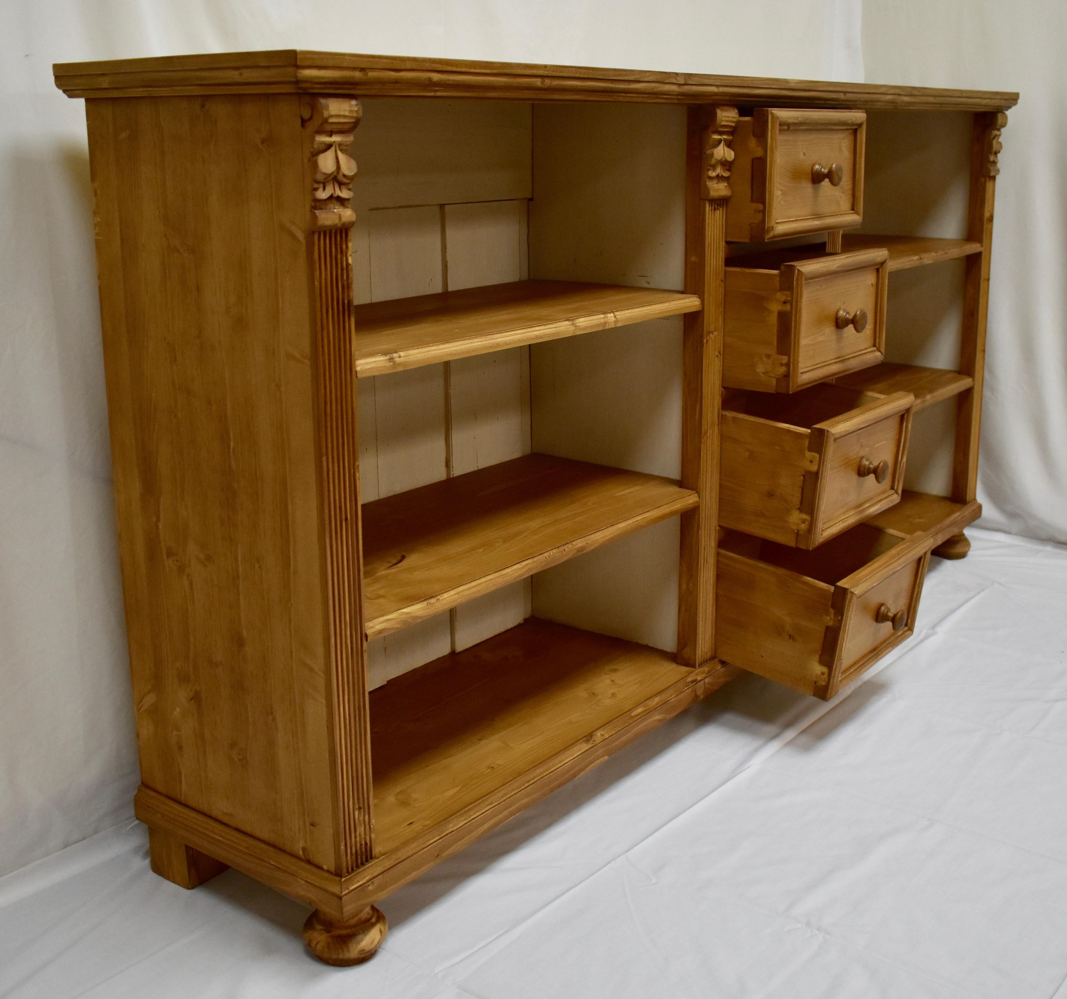 Long Pine Bookcase with Four Drawers 3