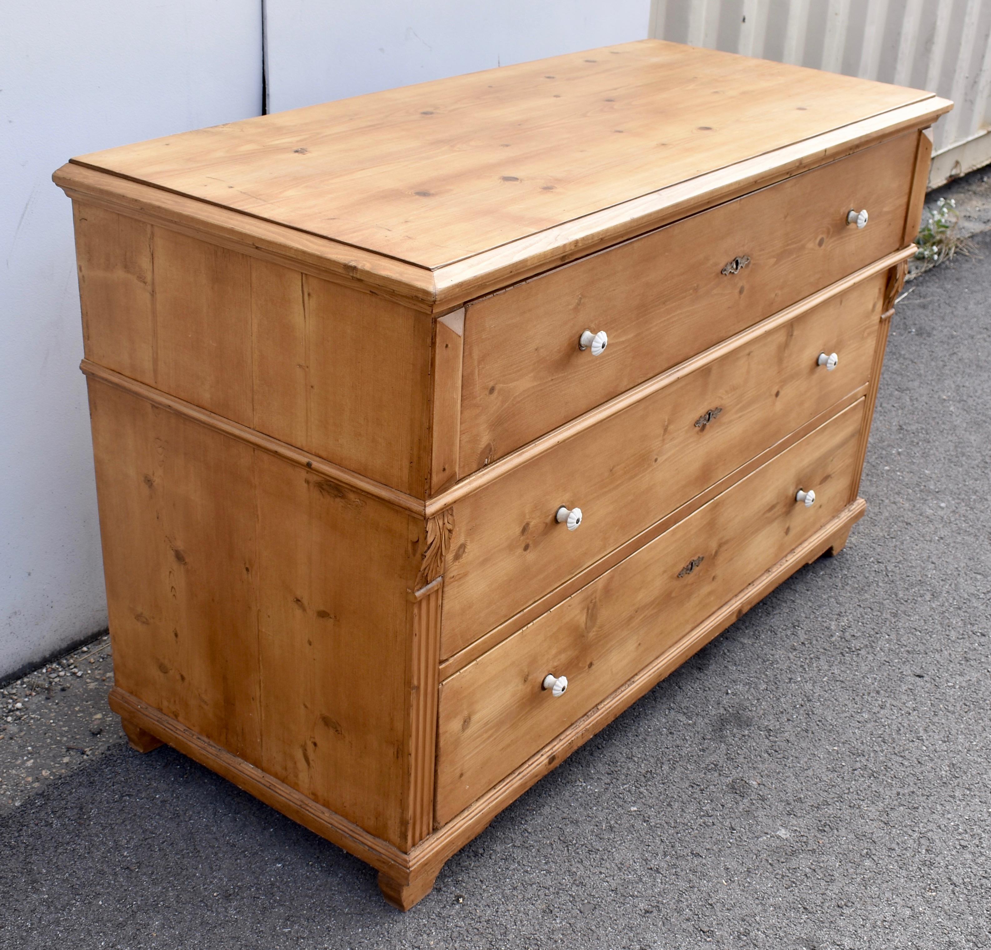 Hungarian Long Pine Chest of Three Drawers