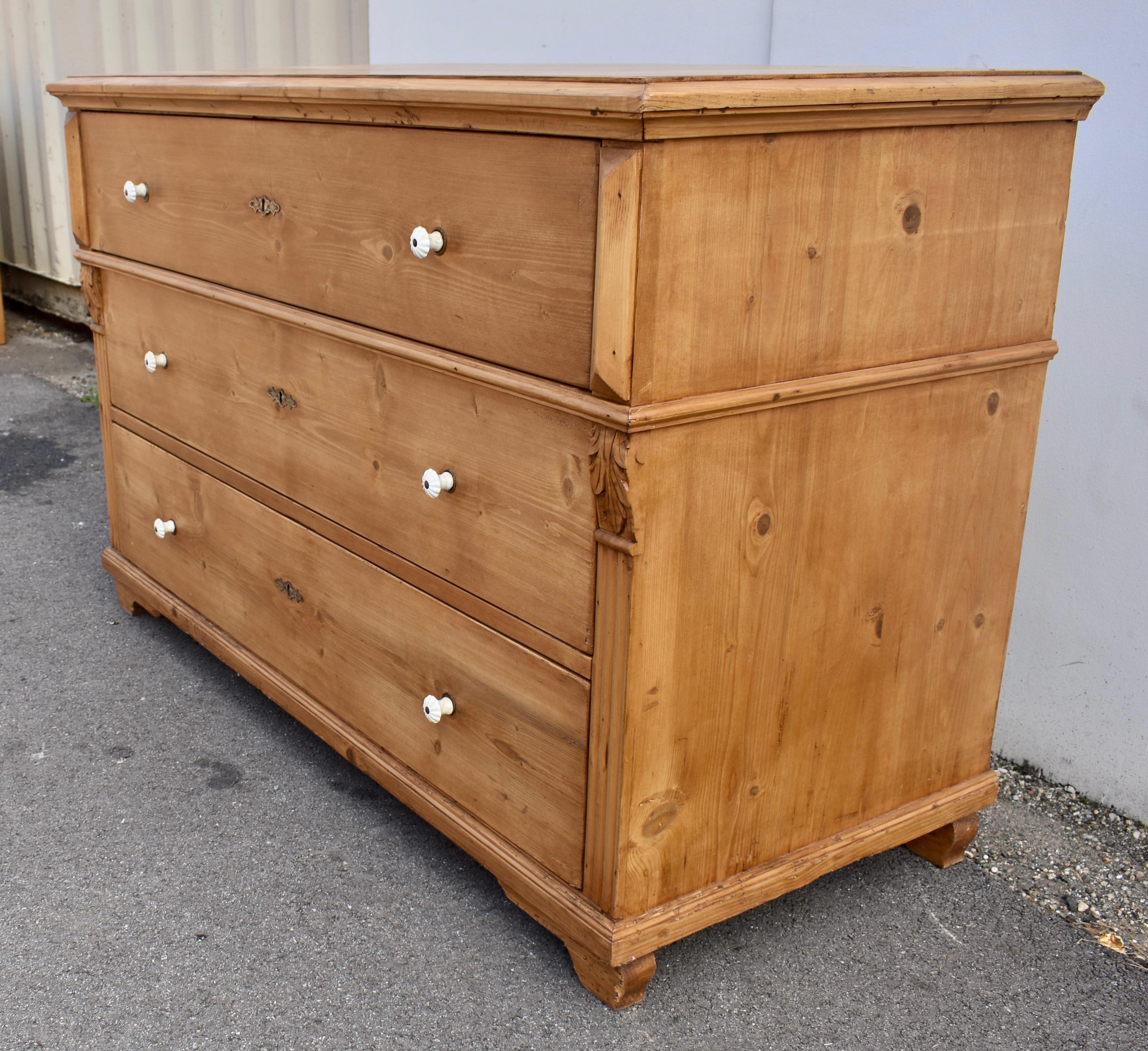 Polished Long Pine Chest of Three Drawers
