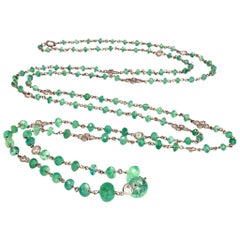 Long Platinum Faceted Natural Emerald Beads and Diamonds Necklace