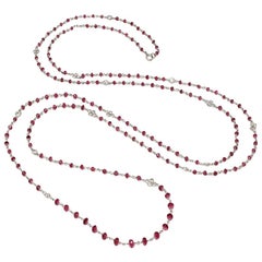 Long Platinum Station Necklace with Faceted Ruby Beads and Diamonds