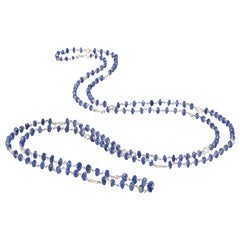 Long Platinum Station Necklace with Faceted Sapphire Beads and Diamonds