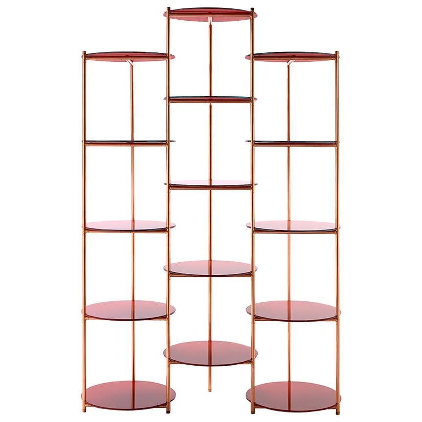 21st Century Modern Étagère With Copper Structure And Back-painted Glass Shelves For Sale