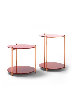 21st Century Modern Side Table With Copper Base And Back-painted Glass Shelves