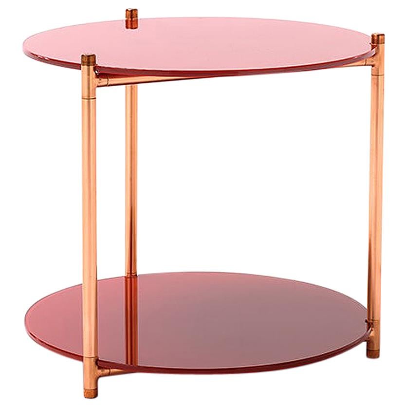 21st Century Modern Side Table With Copper Base And Back-painted Glass Shelves