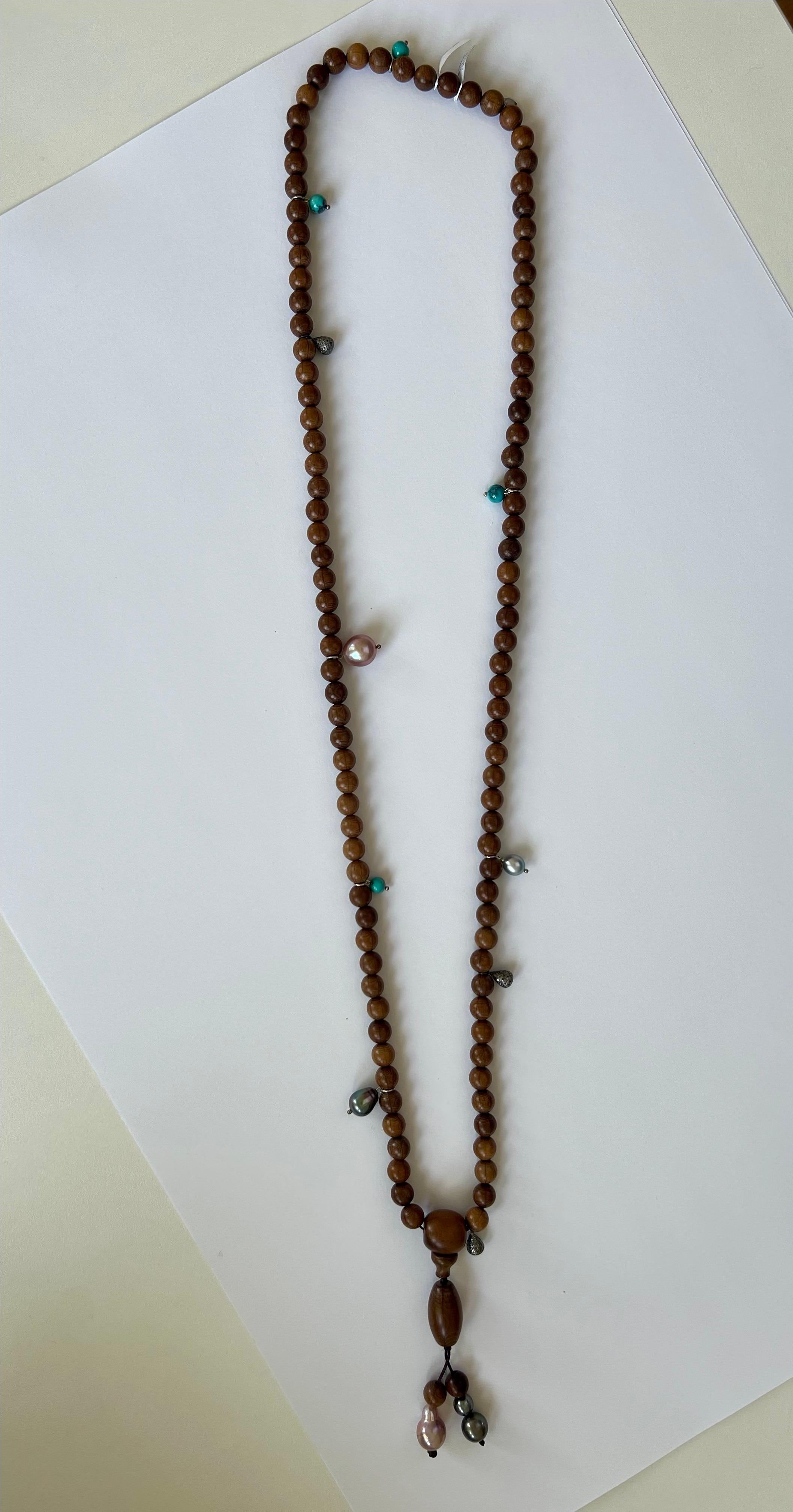 Long Prayer Necklace, Rosewood Beads, Turquoise, Pearls, Diamond Tassels 6