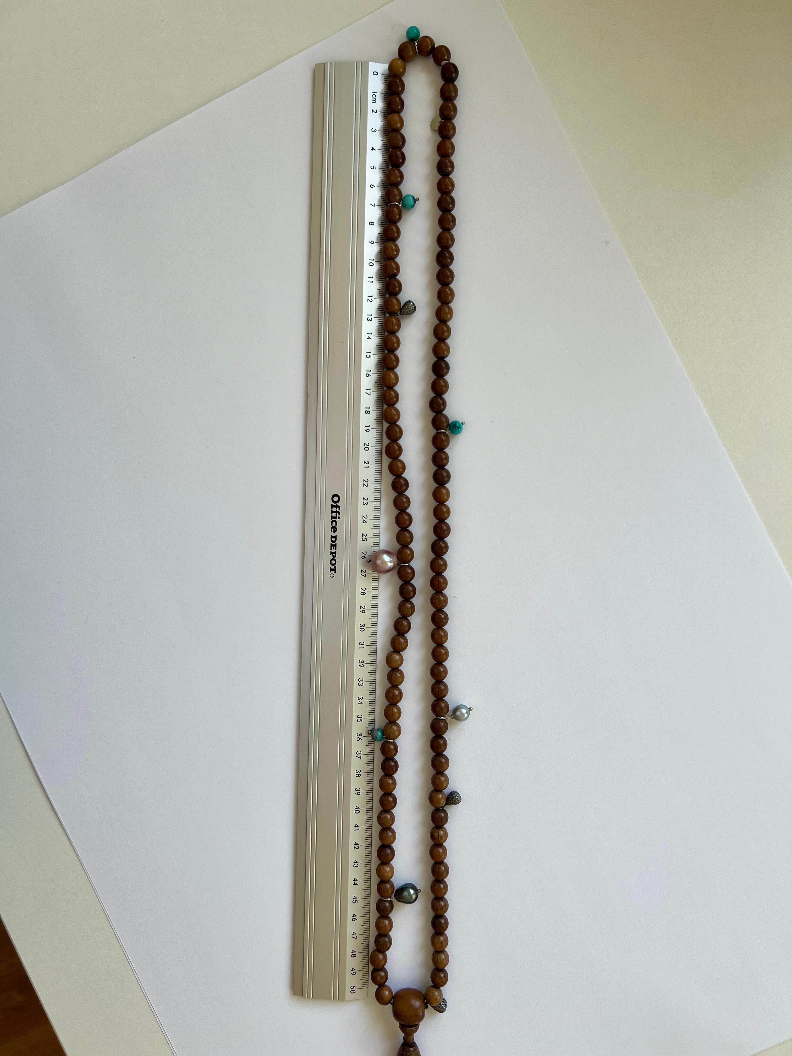 Long Prayer Necklace, Rosewood Beads, Turquoise, Pearls, Diamond Tassels 7