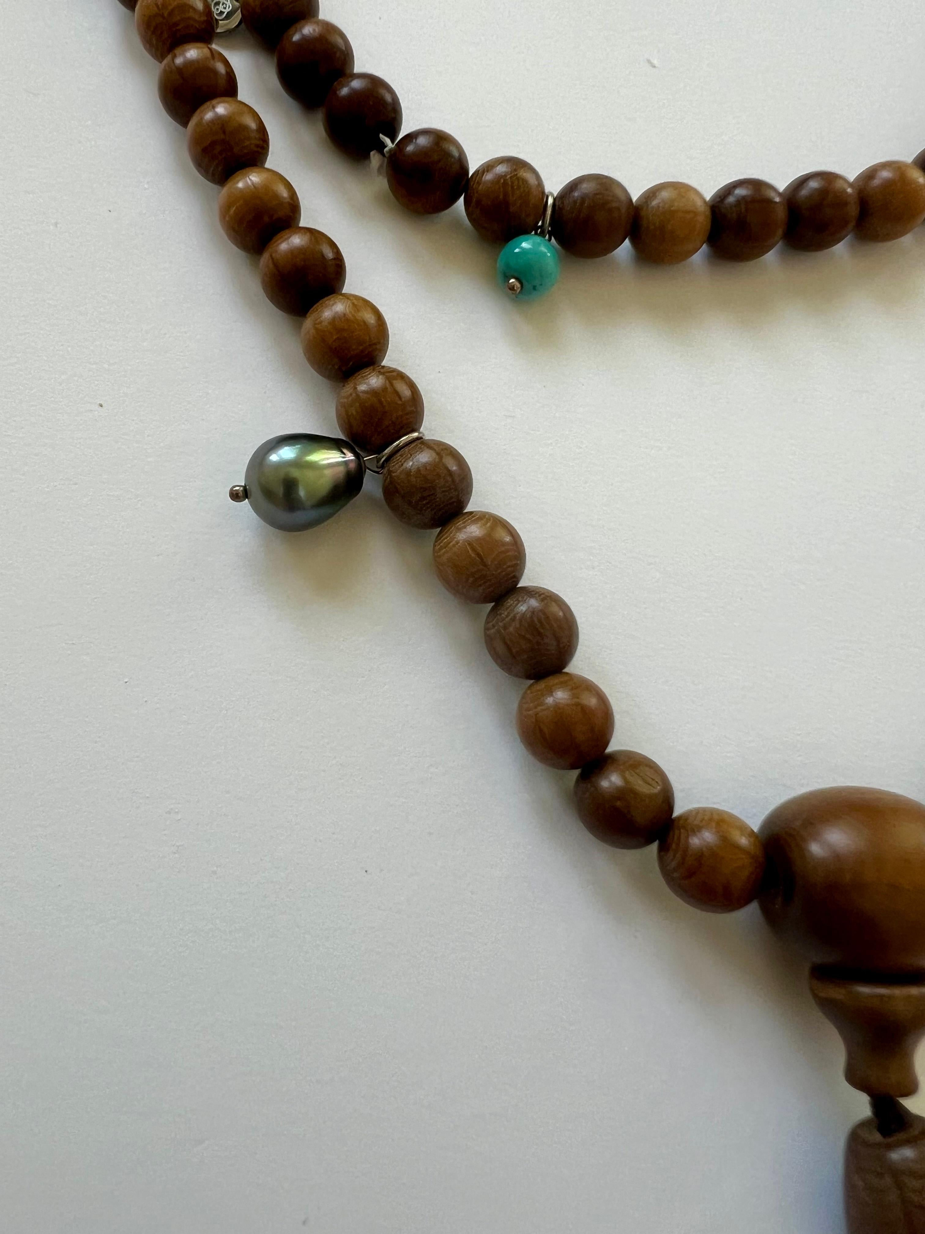 Women's or Men's Long Prayer Necklace, Rosewood Beads, Turquoise, Pearls, Diamond Tassels