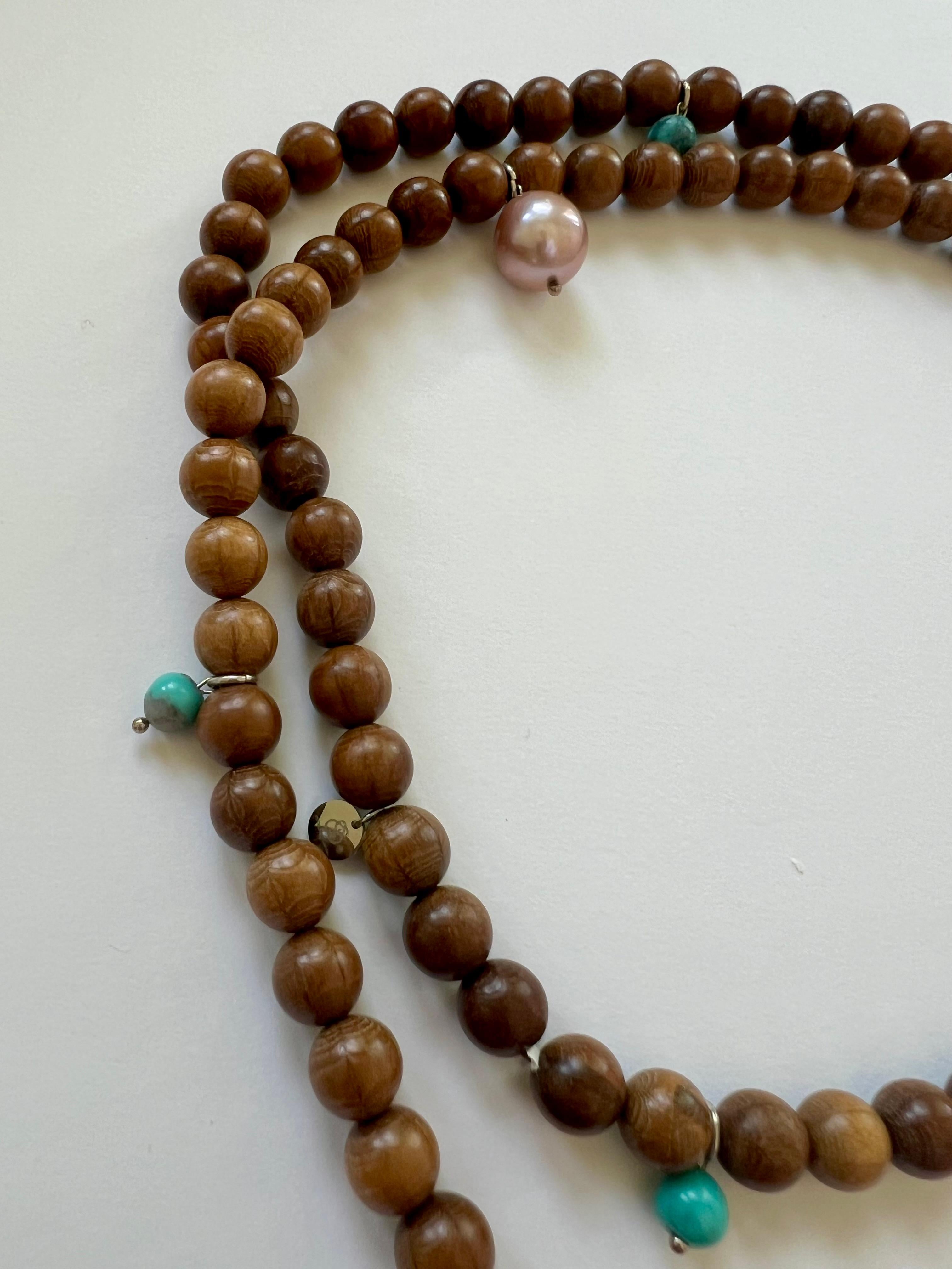 Long Prayer Necklace, Rosewood Beads, Turquoise, Pearls, Diamond Tassels 1