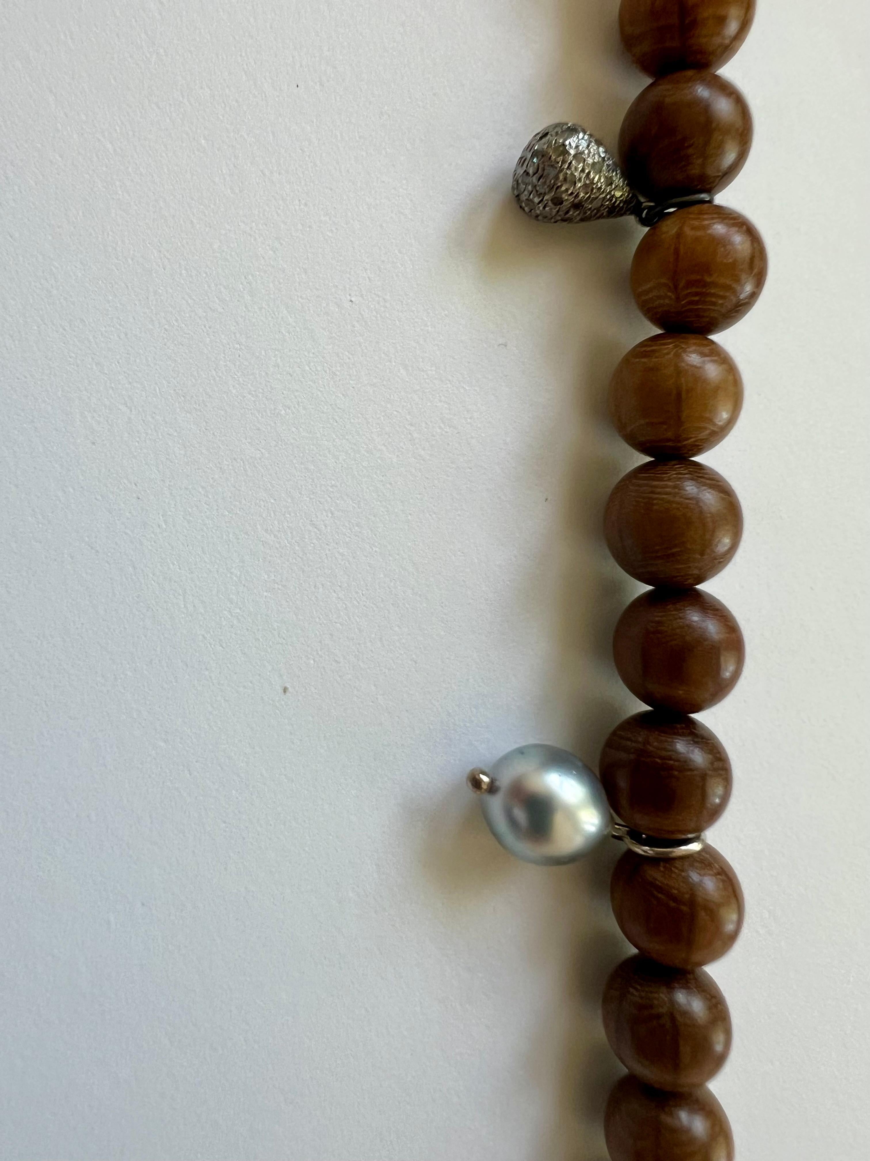 Long Prayer Necklace, Rosewood Beads, Turquoise, Pearls, Diamond Tassels 3