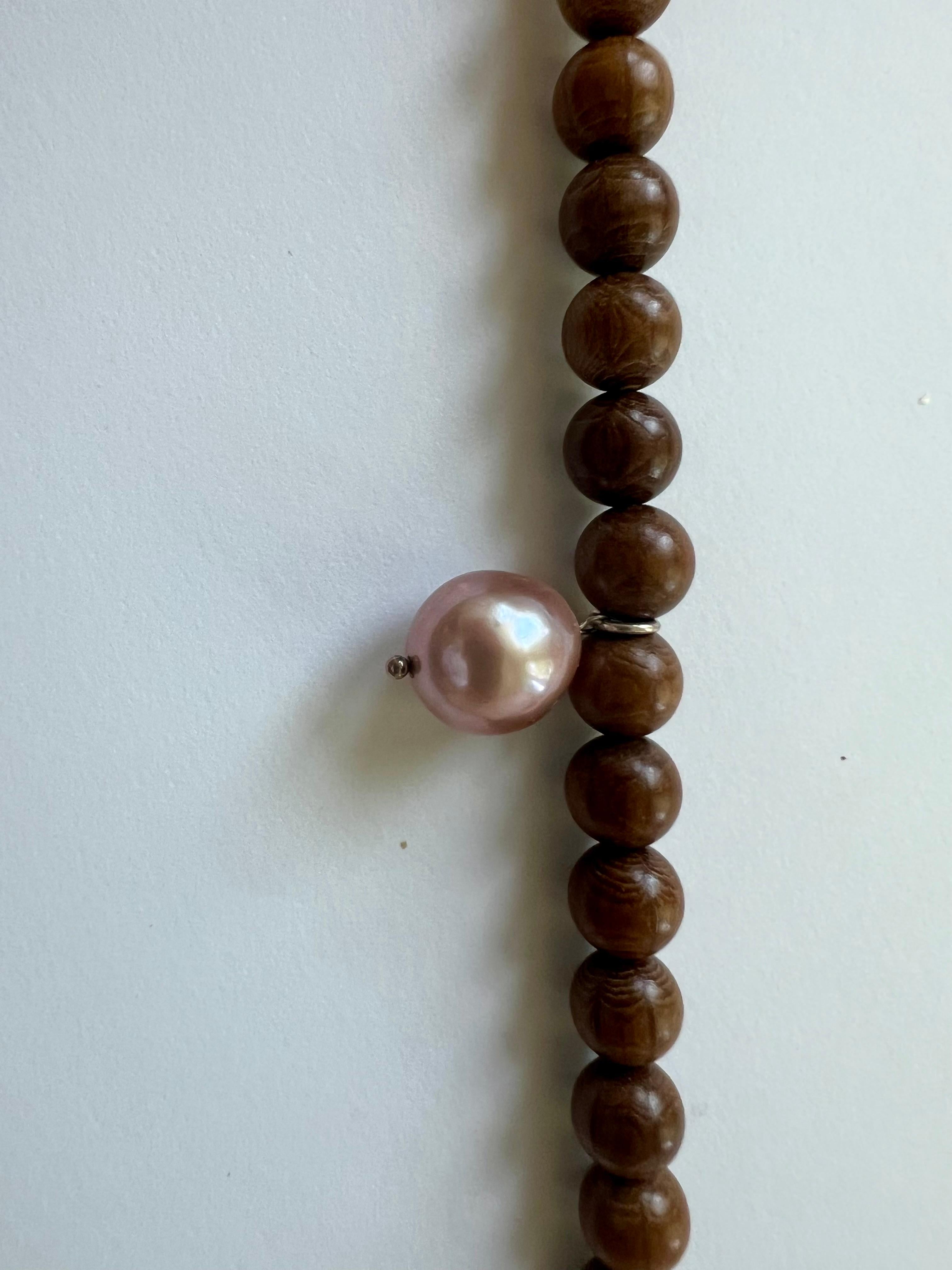 Long Prayer Necklace, Rosewood Beads, Turquoise, Pearls, Diamond Tassels 5