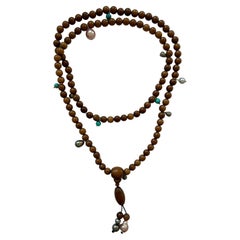 Long Prayer Necklace, Rosewood Beads, Turquoise, Pearls, Diamond Tassels