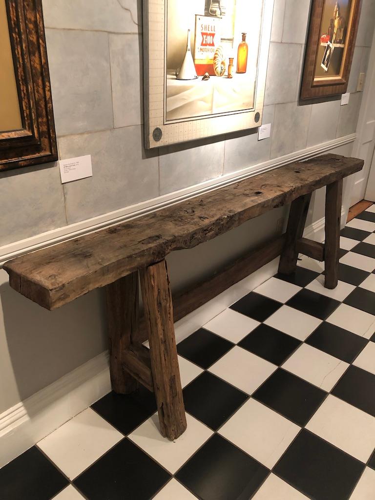 This wonderful old work table in chestnut and oak isi very Wabi-Sabi. Handmade and with loads of character, it would make a great console table in a minimal space environment, whether it be a loft, industrial setting, or mixed with more refined