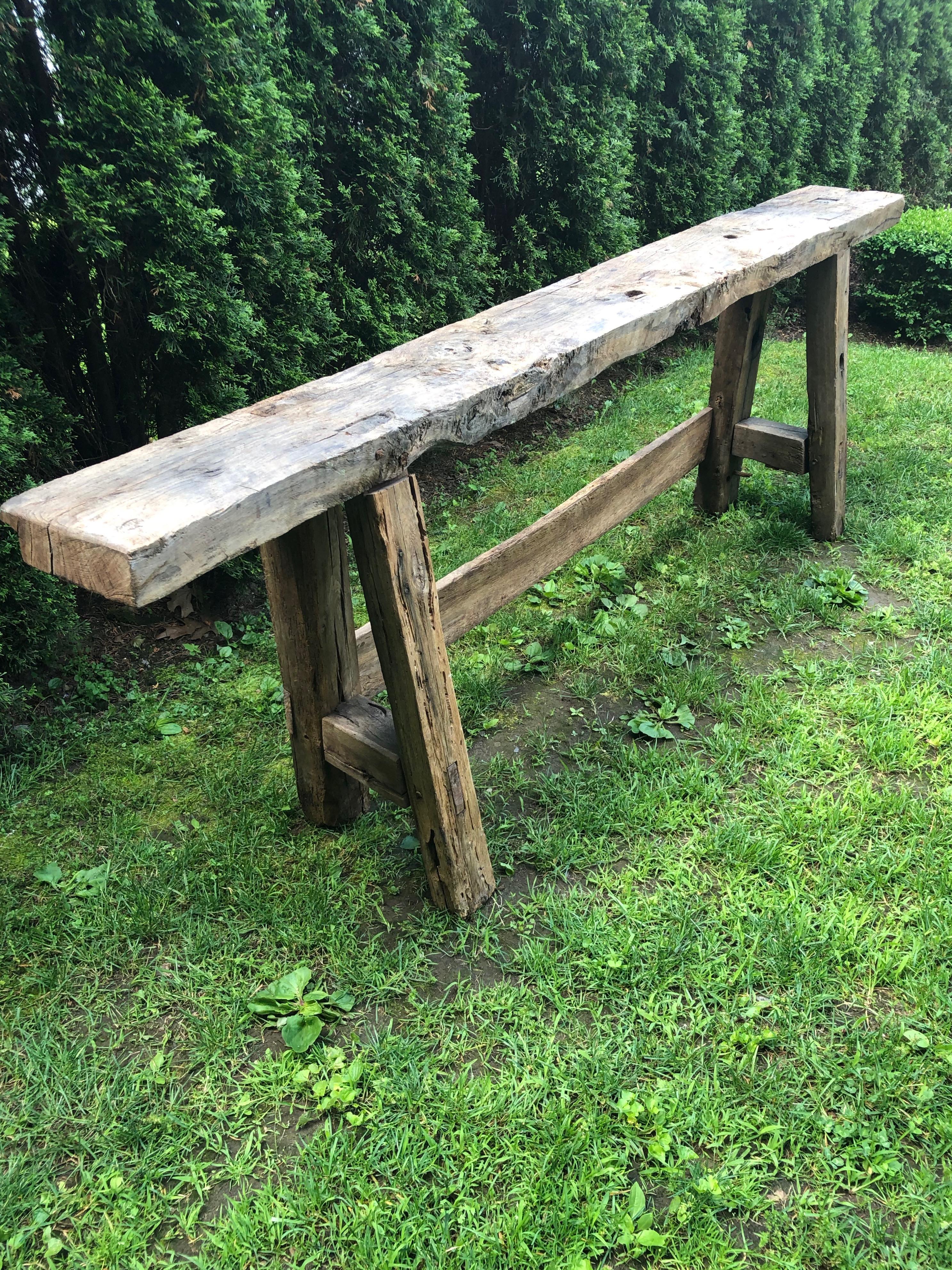 Rustic Long Primitive French Console Table in Chestnut and Oak