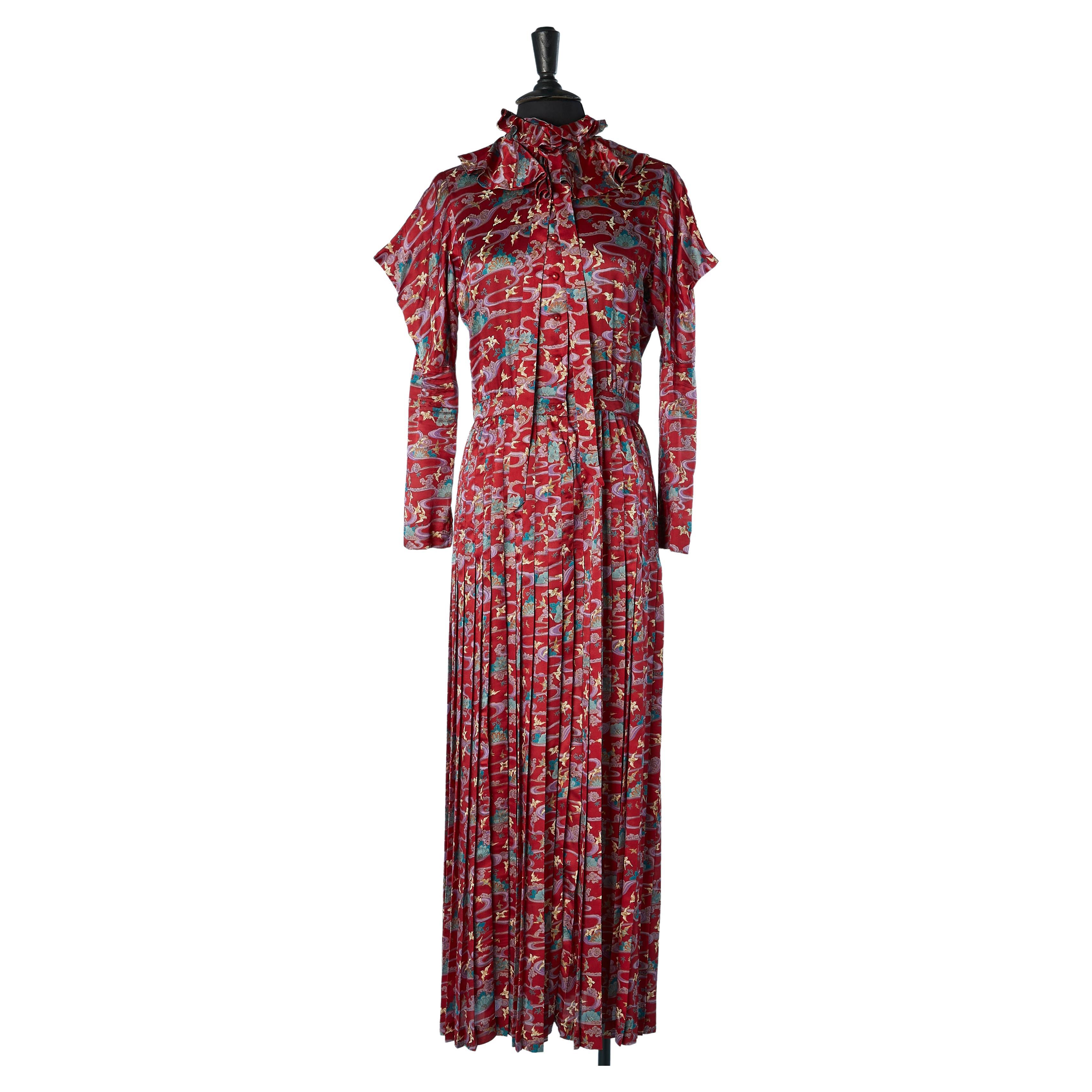 Long printed and pleated silk dress Emanuel Ungaro Parallèle For Sale