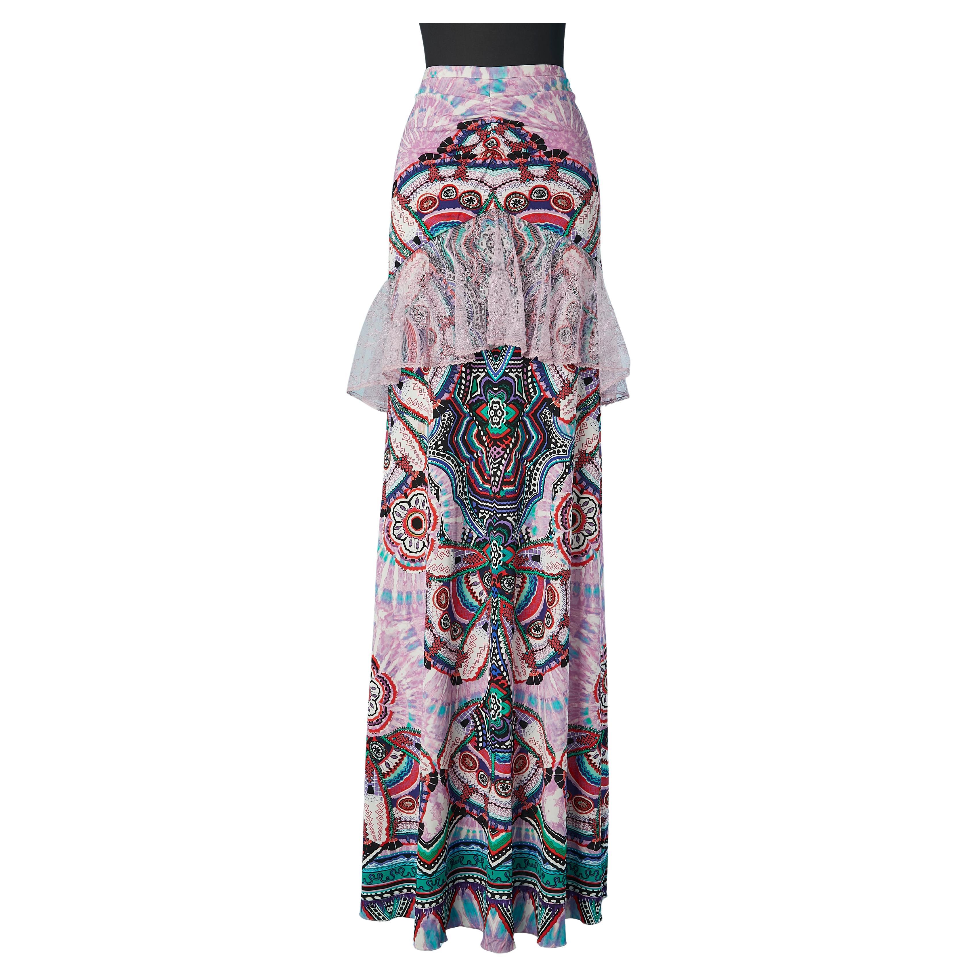 Gonna lunga in rayon stampato con volant in pizzo Roberto Cavalli