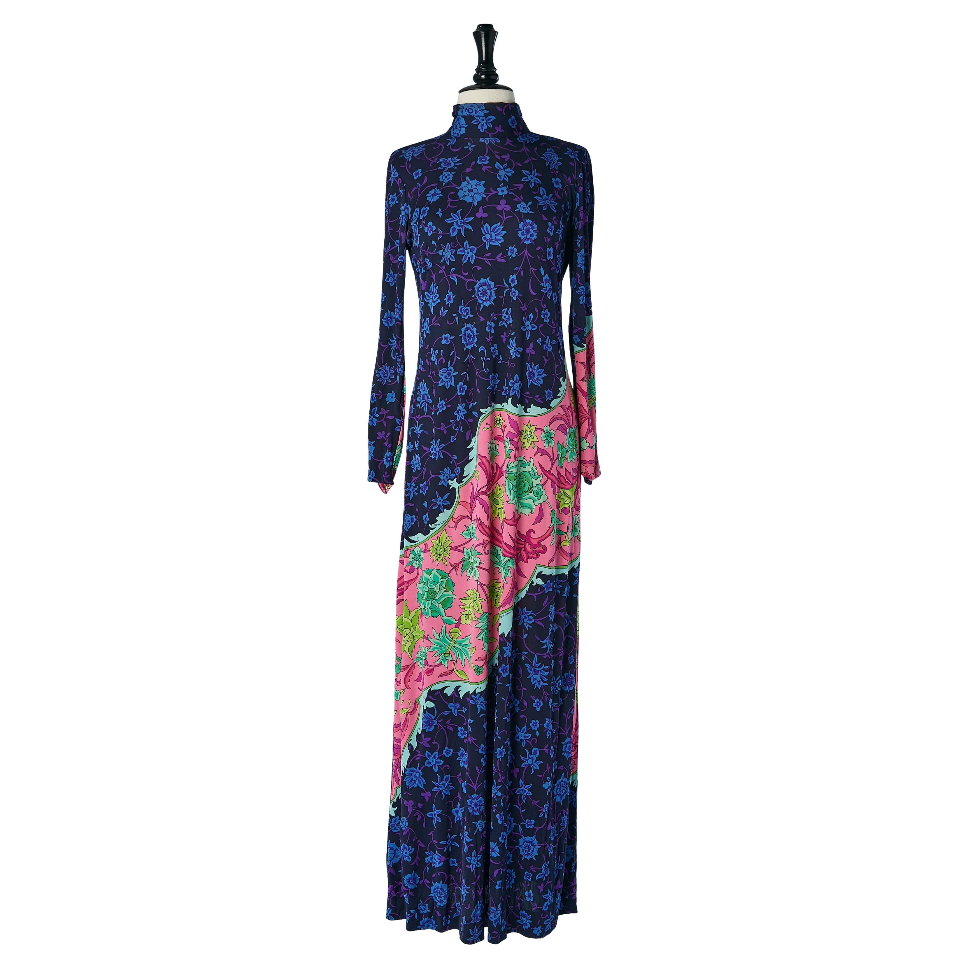 Long printed silk jersey dress DE PARISINI Circa 1960's For Sale