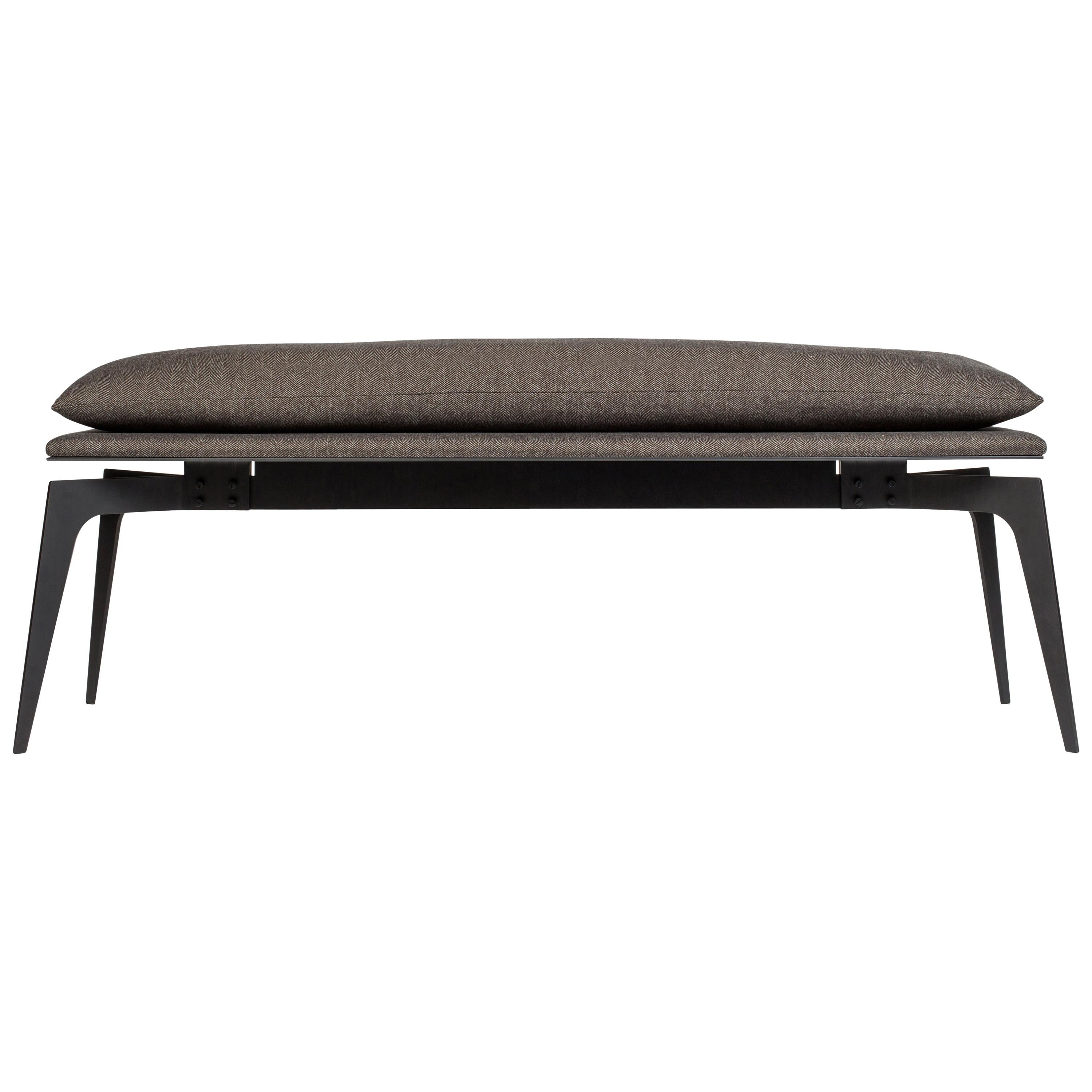 Gray (Charcoal-Gray Herringbone) Long Prong Bench in Blackened Steel Base with Upholstery by Gabriel Scott