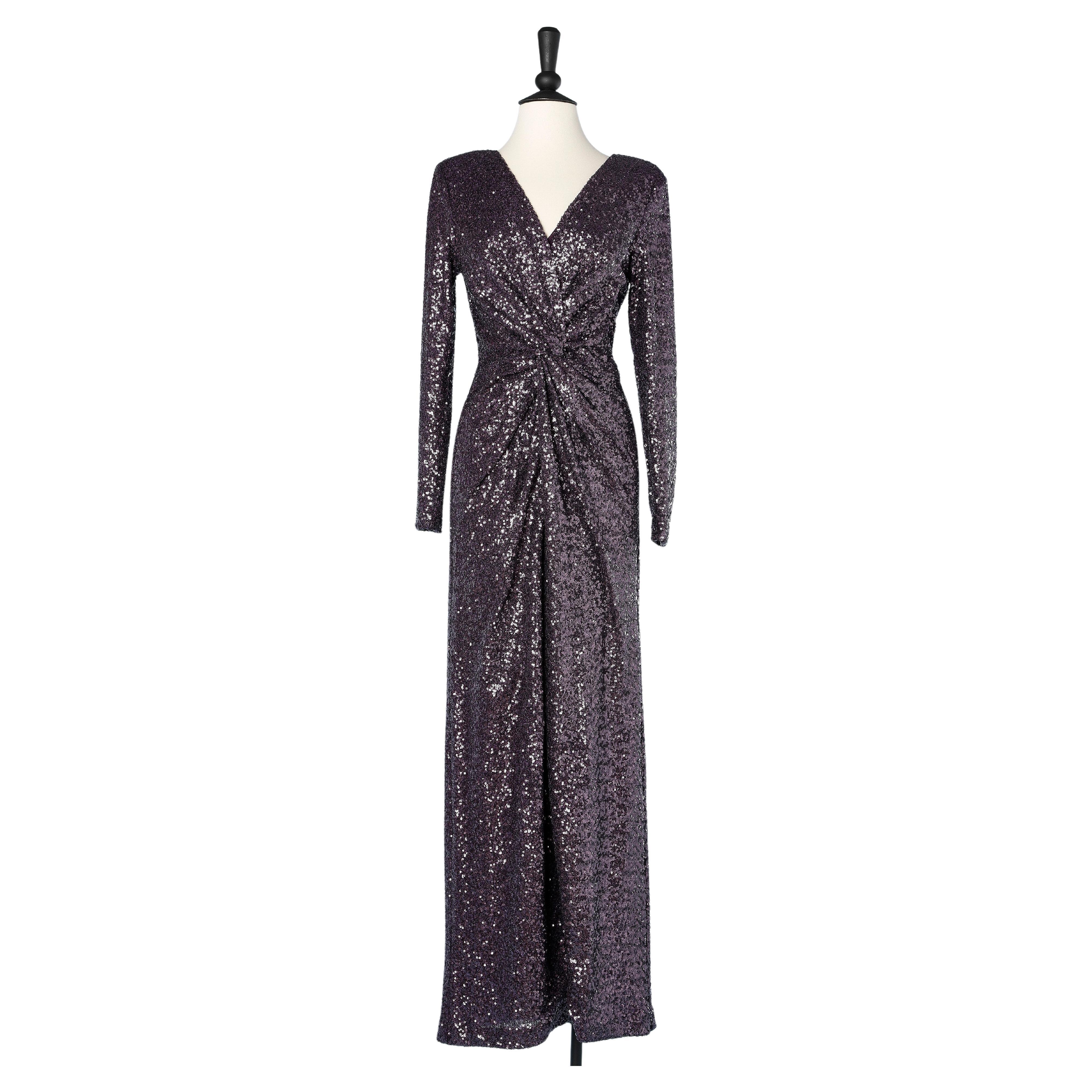 Long purple sequin draped evening dress Lorcan  For Sale