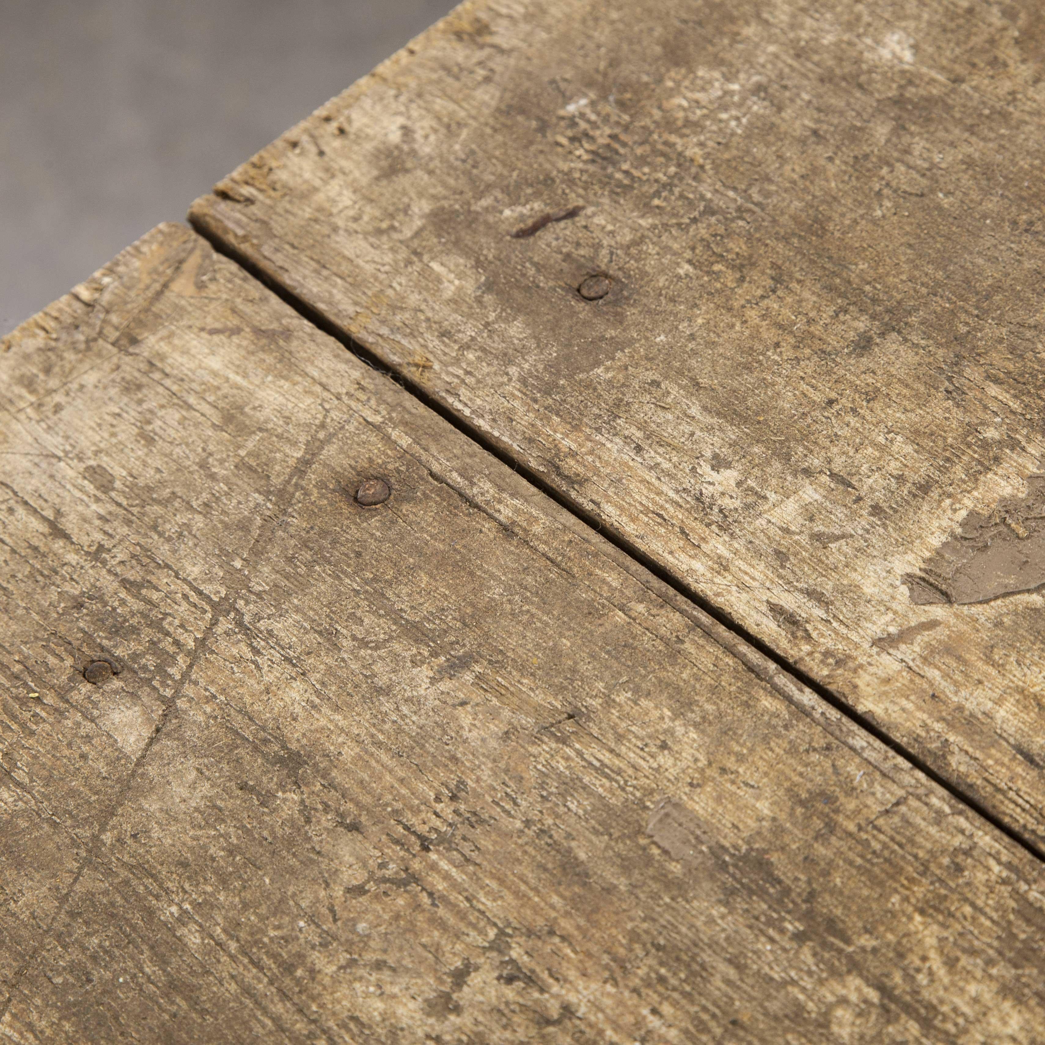 Long rectangular French pine kitchen – farmhouse – dining table. At just under three metres this is a wonderful long table with the most original perfect top and painted/distressed base. Originally the top was painted but years of use has scrubbed