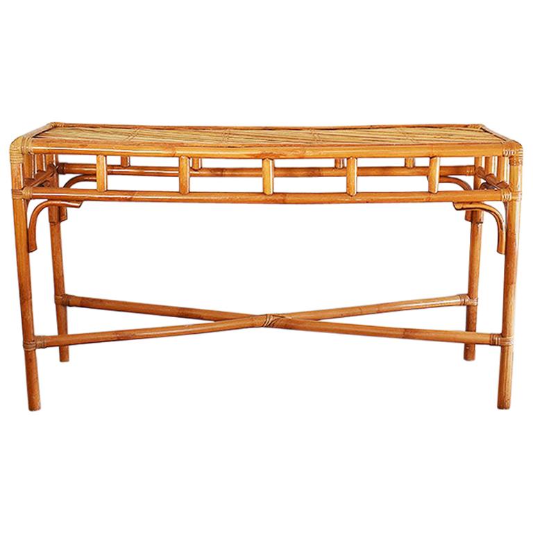 Long Rectangular Hollywood Regency Bamboo Rattan and Bentwood Sofa Console Table