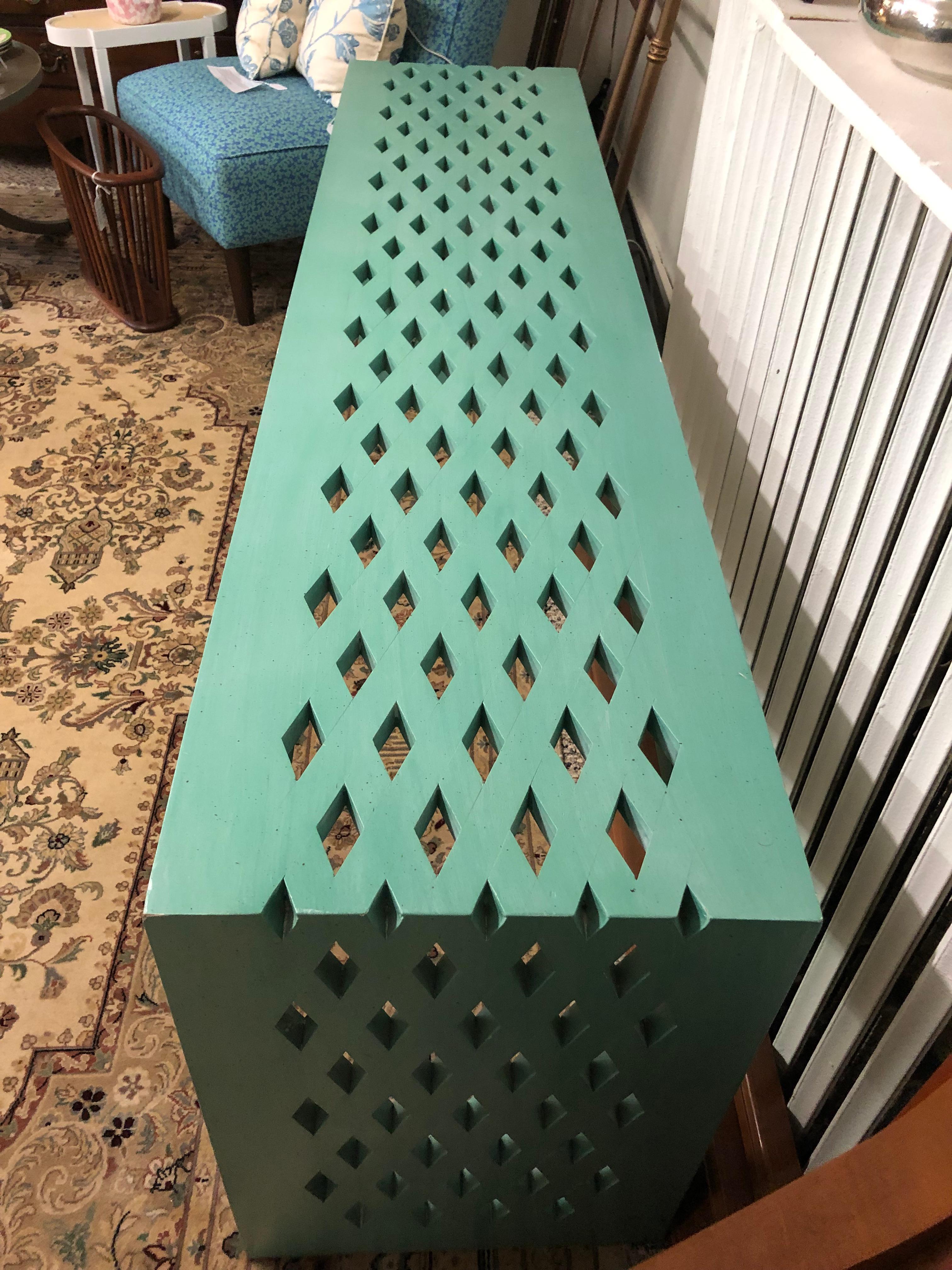 Long Rectangular Mid-Century Modern Aqua Turquoise Painted Console Table In Good Condition In Hopewell, NJ
