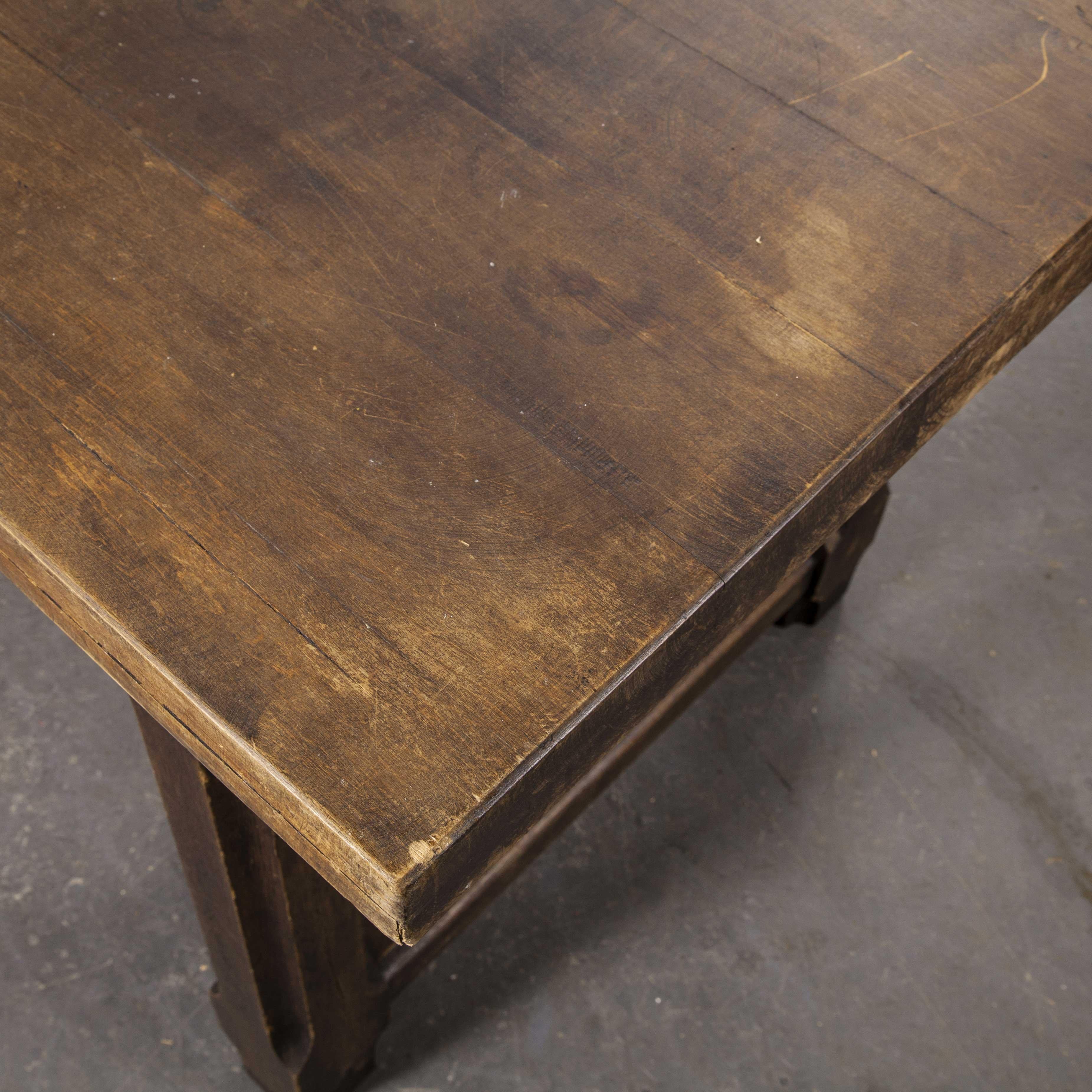 Long rectangular oak and birch French refectory dining table

Long rectangular oak and birch French refectory dining table. We know this was made in the 1940s because we bought it from the son whose father made the table just after the war. The