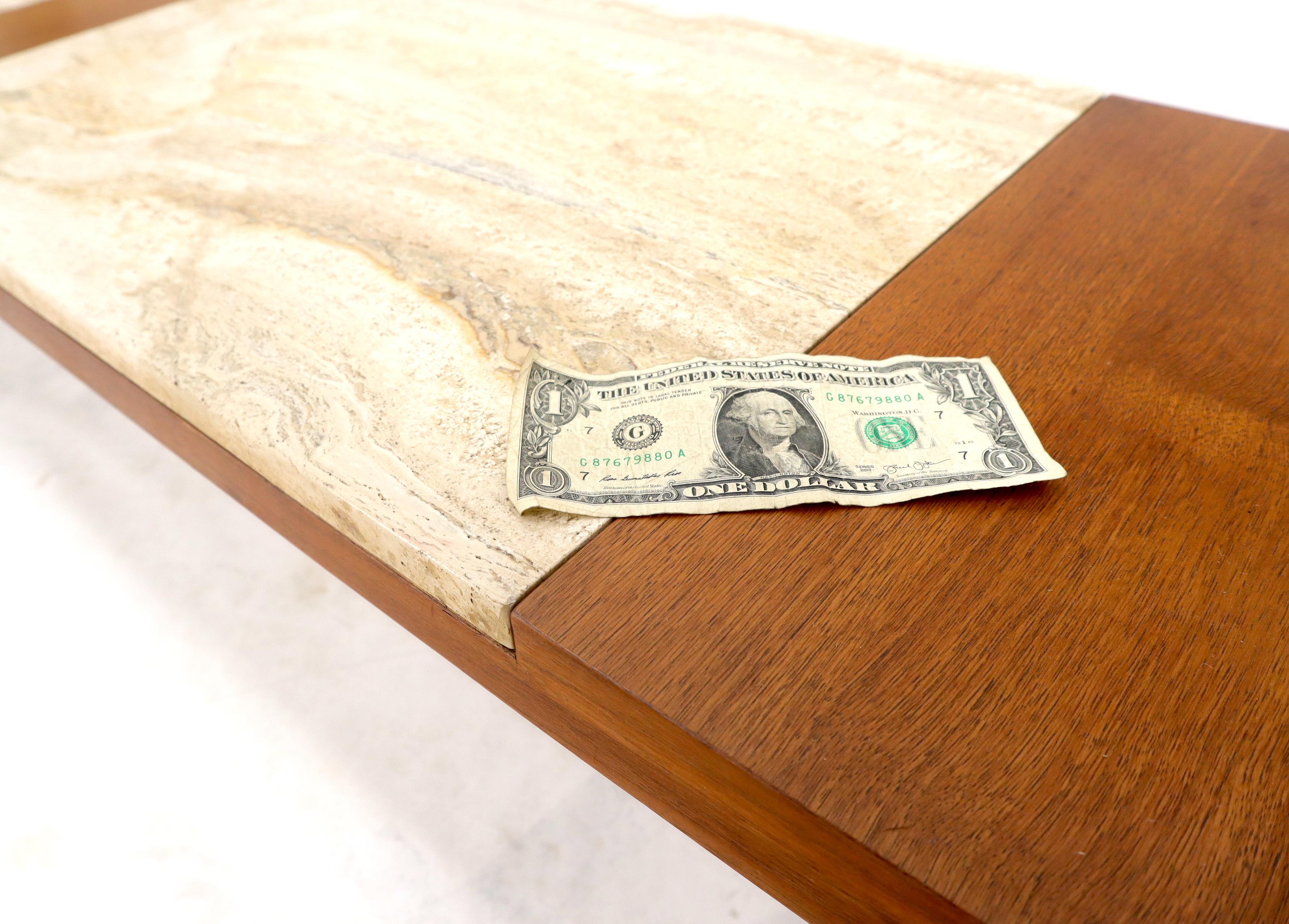 Long Rectangular Walnut Coffee Table w/ Two Travertine Inserts For Sale 5