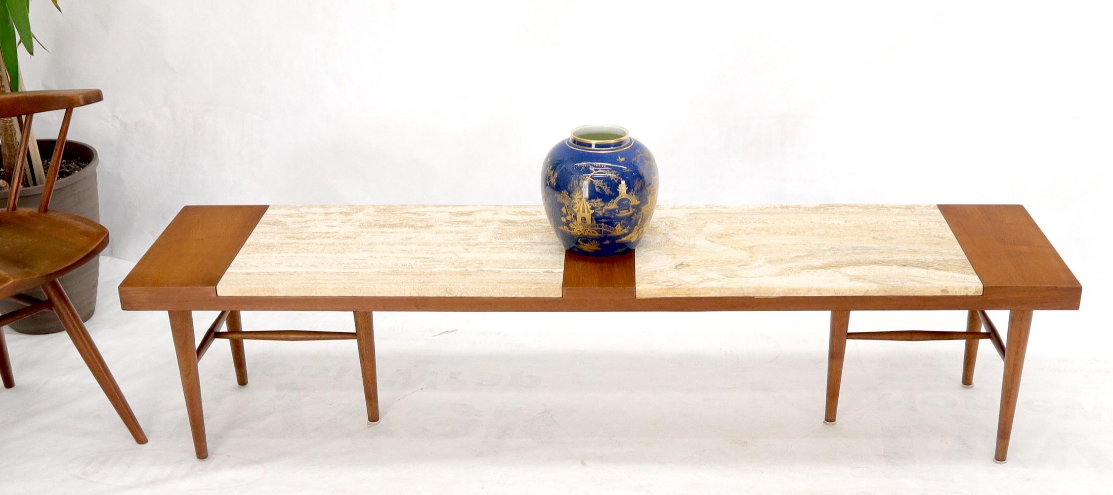 Mid-Century Modern long rectangle gate leg coffee walnut coffee table w/ two travertine inserts.