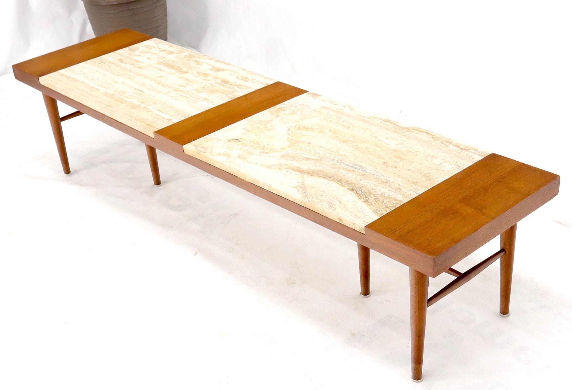Mid-Century Modern Long Rectangular Walnut Coffee Table w/ Two Travertine Inserts For Sale