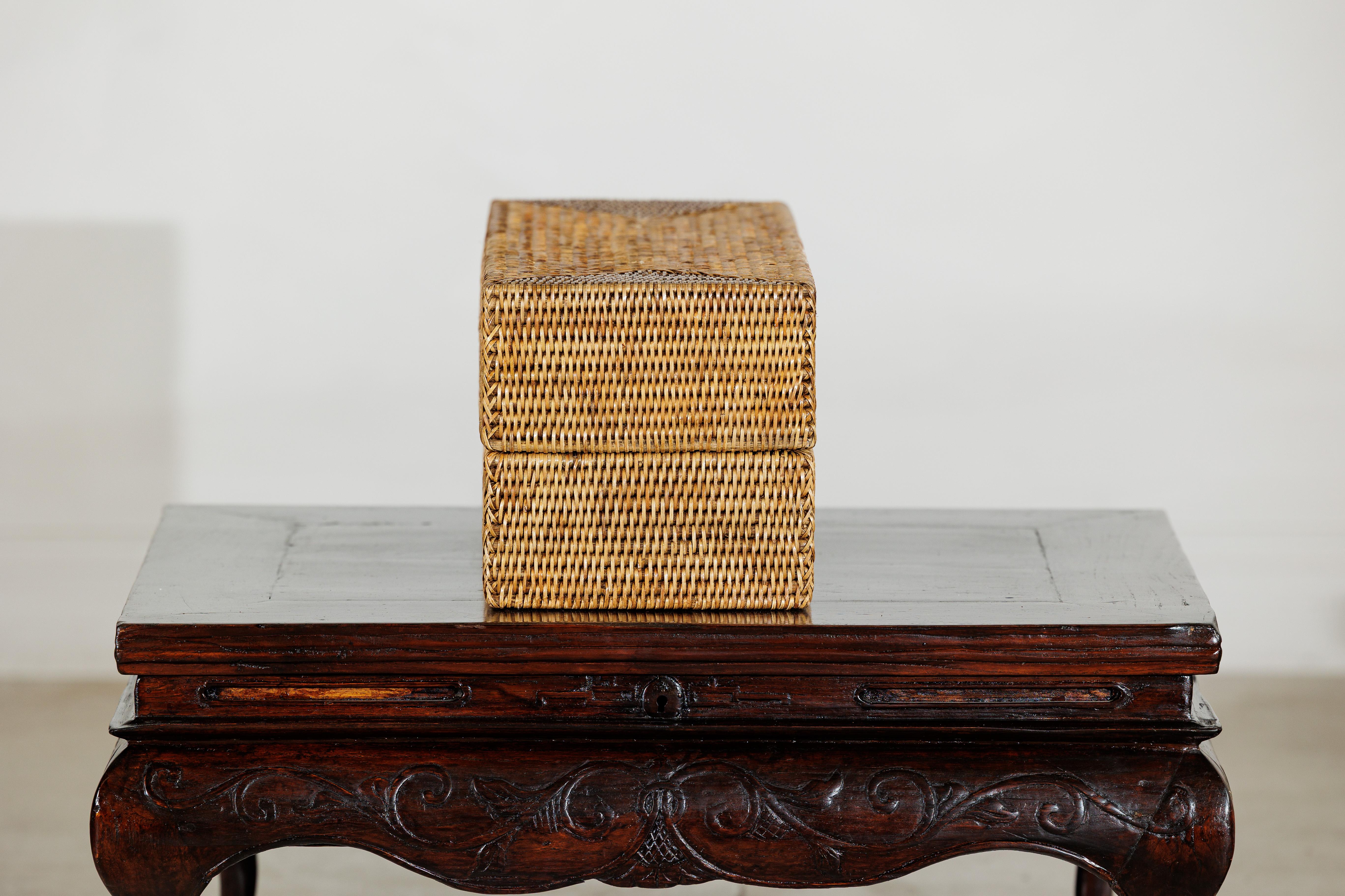 Long Rectangular Woven Rattan Lidded Box for Decorative Storage in Country Style For Sale 8