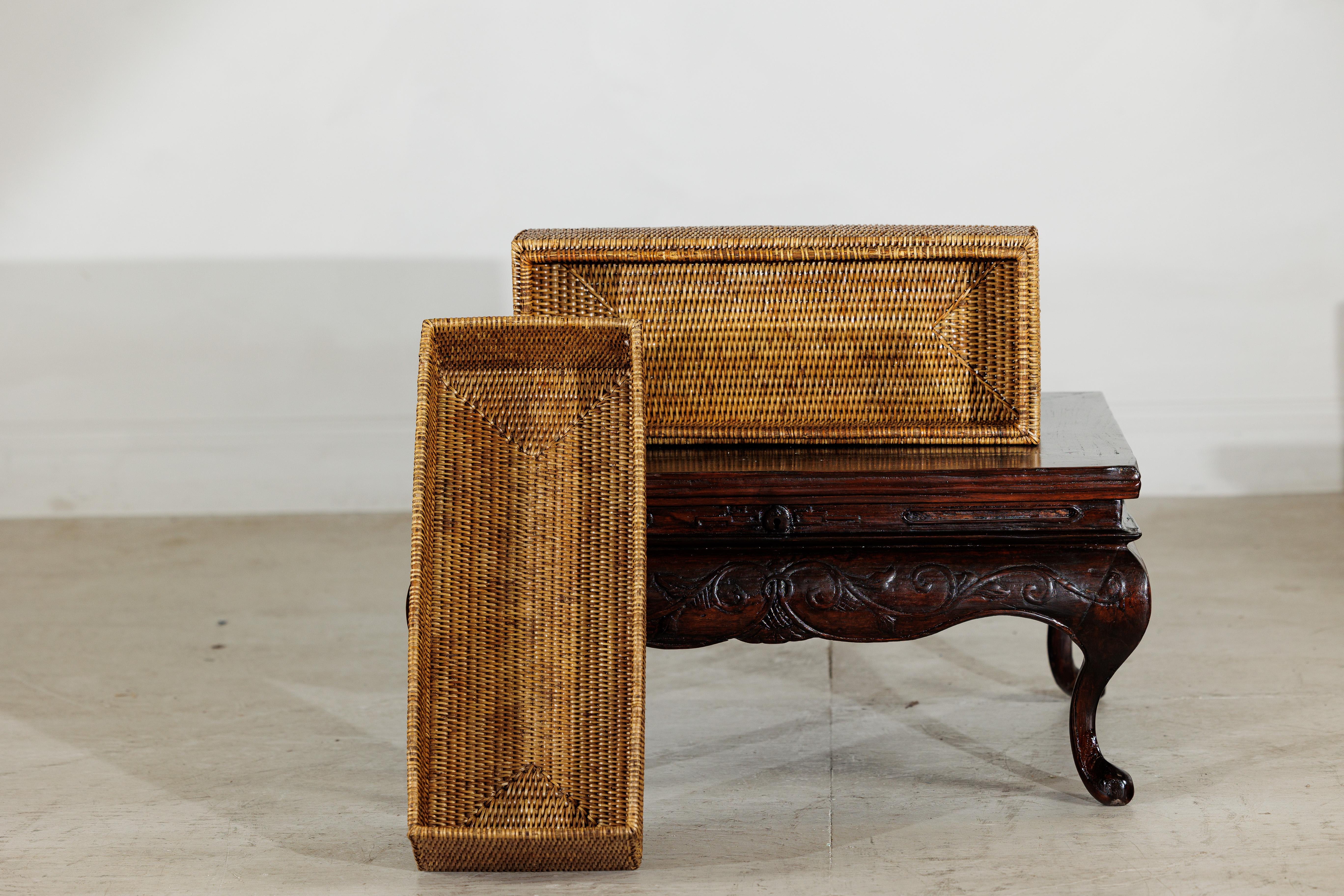 Long Rectangular Woven Rattan Lidded Box for Decorative Storage in Country Style For Sale 9