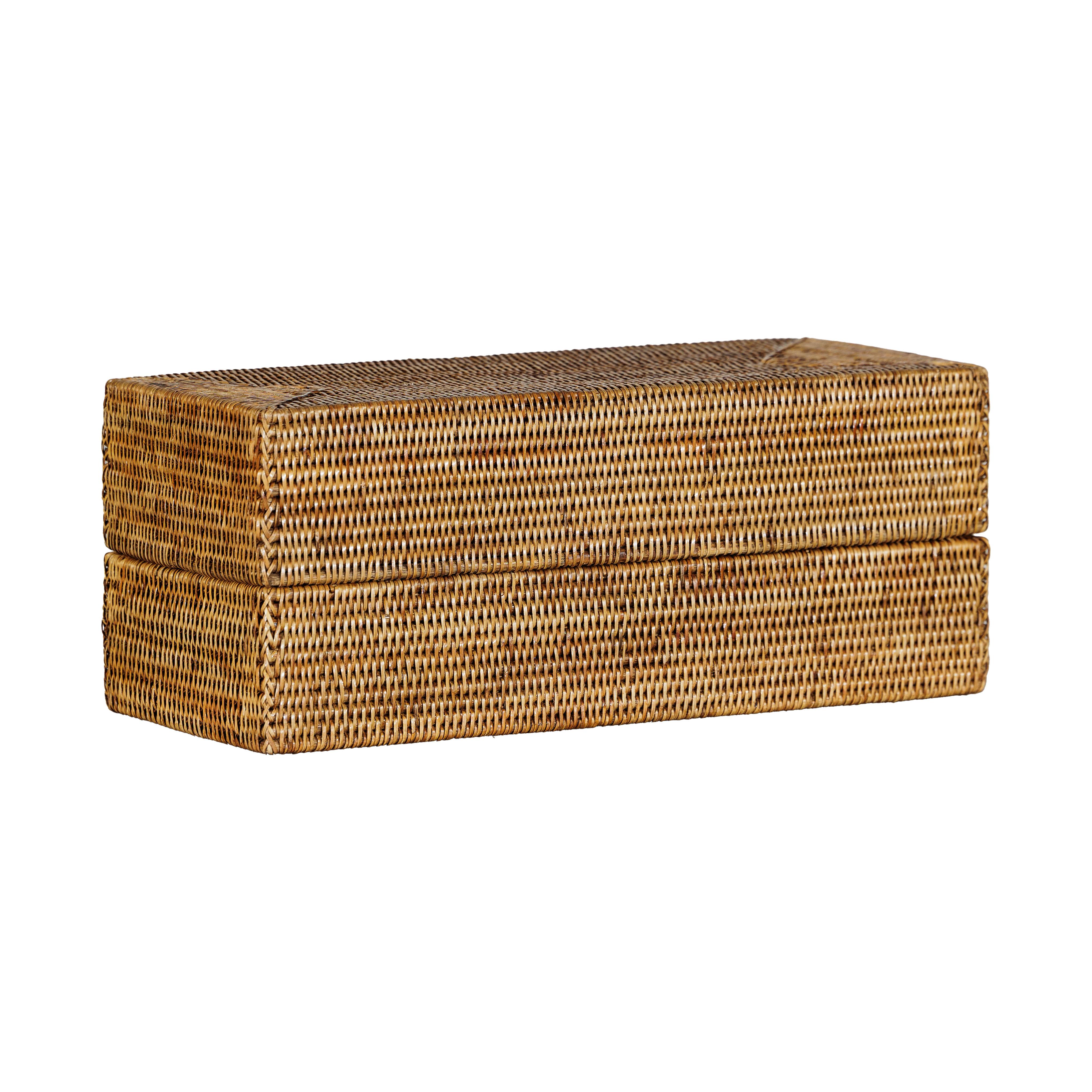 Long Rectangular Woven Rattan Lidded Box for Decorative Storage in Country Style For Sale 11