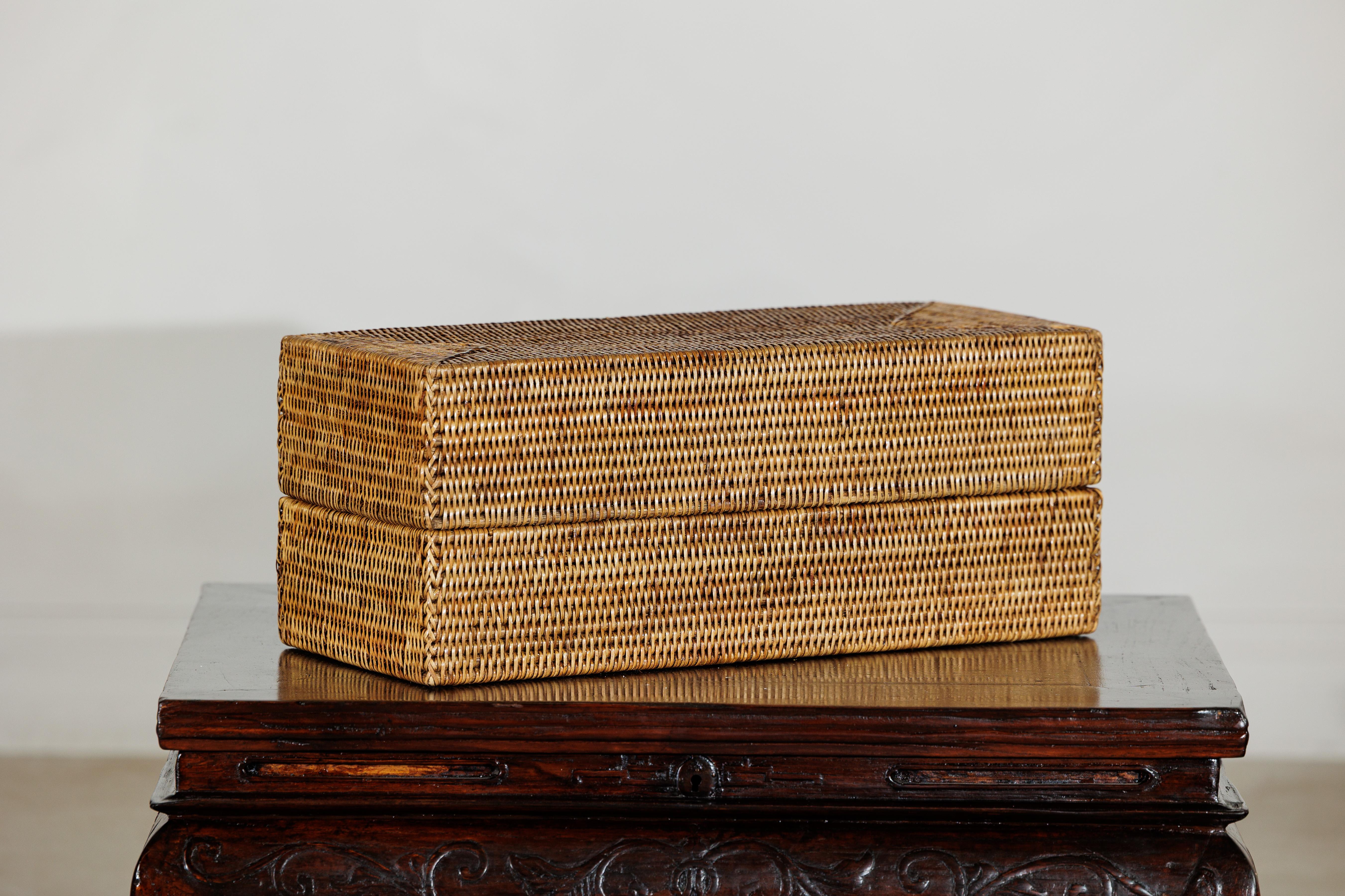Long Rectangular Woven Rattan Lidded Box for Decorative Storage in Country Style For Sale 1
