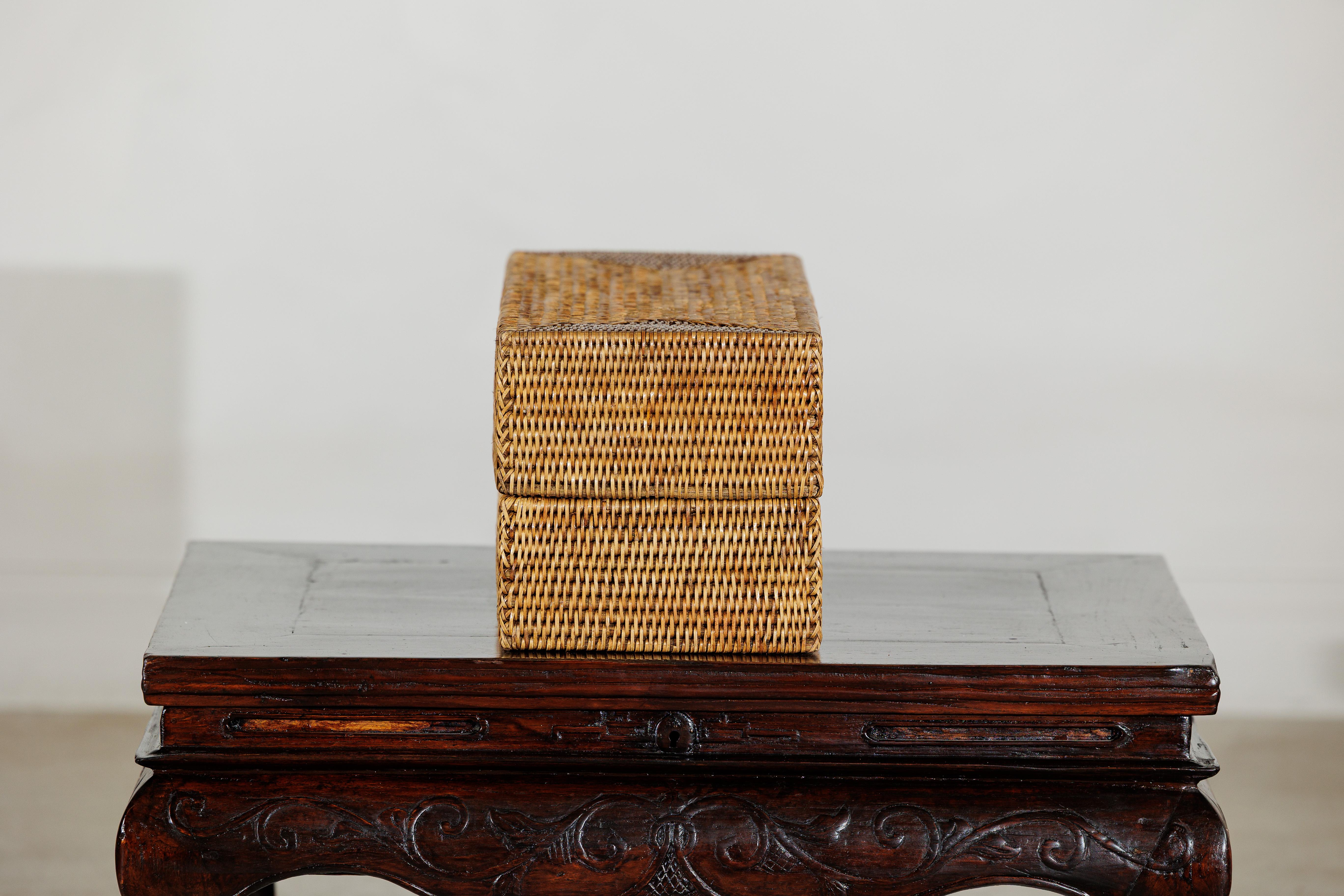 Long Rectangular Woven Rattan Lidded Box for Decorative Storage in Country Style For Sale 2