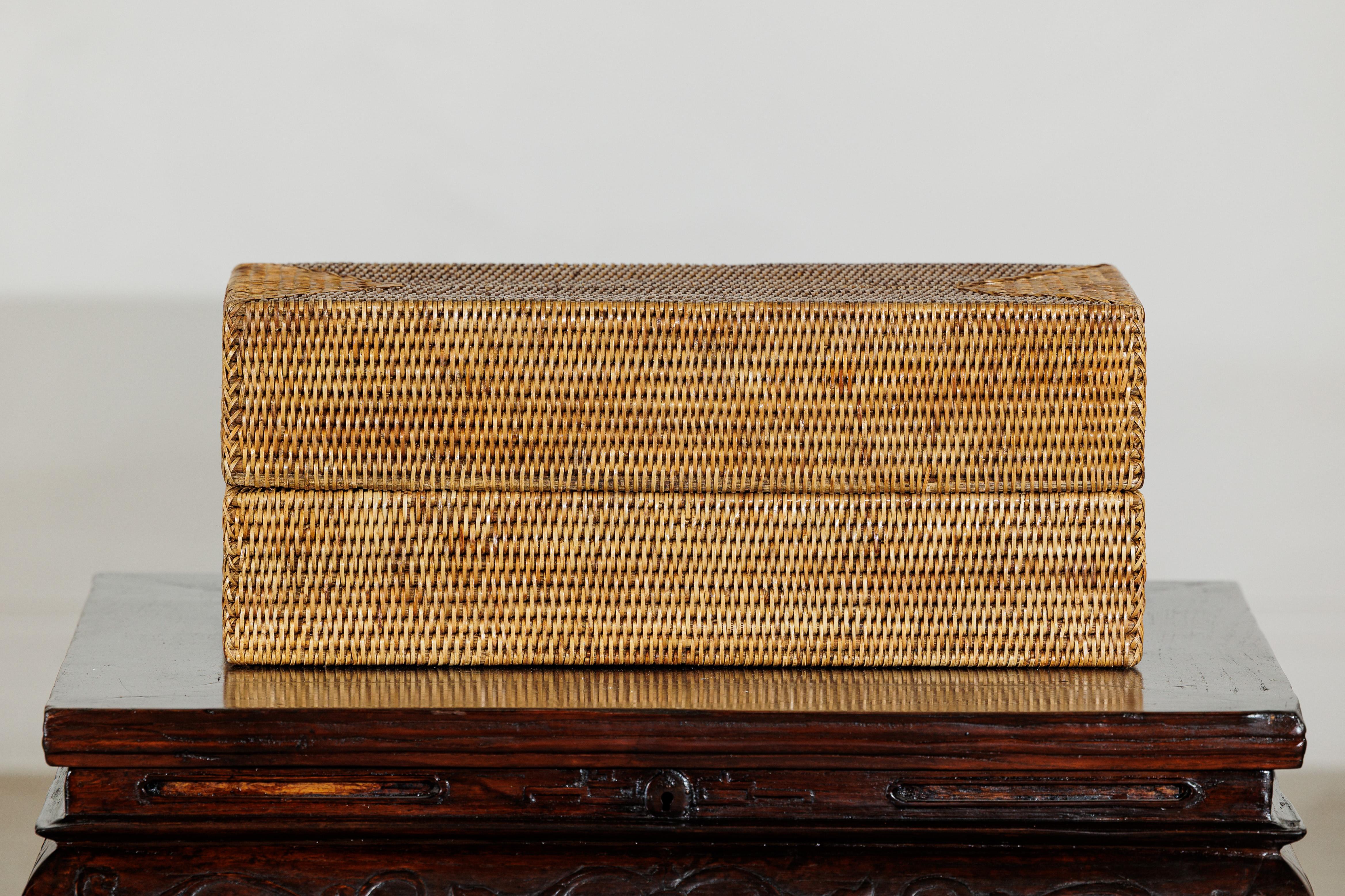 Long Rectangular Woven Rattan Lidded Box for Decorative Storage in Country Style For Sale 3