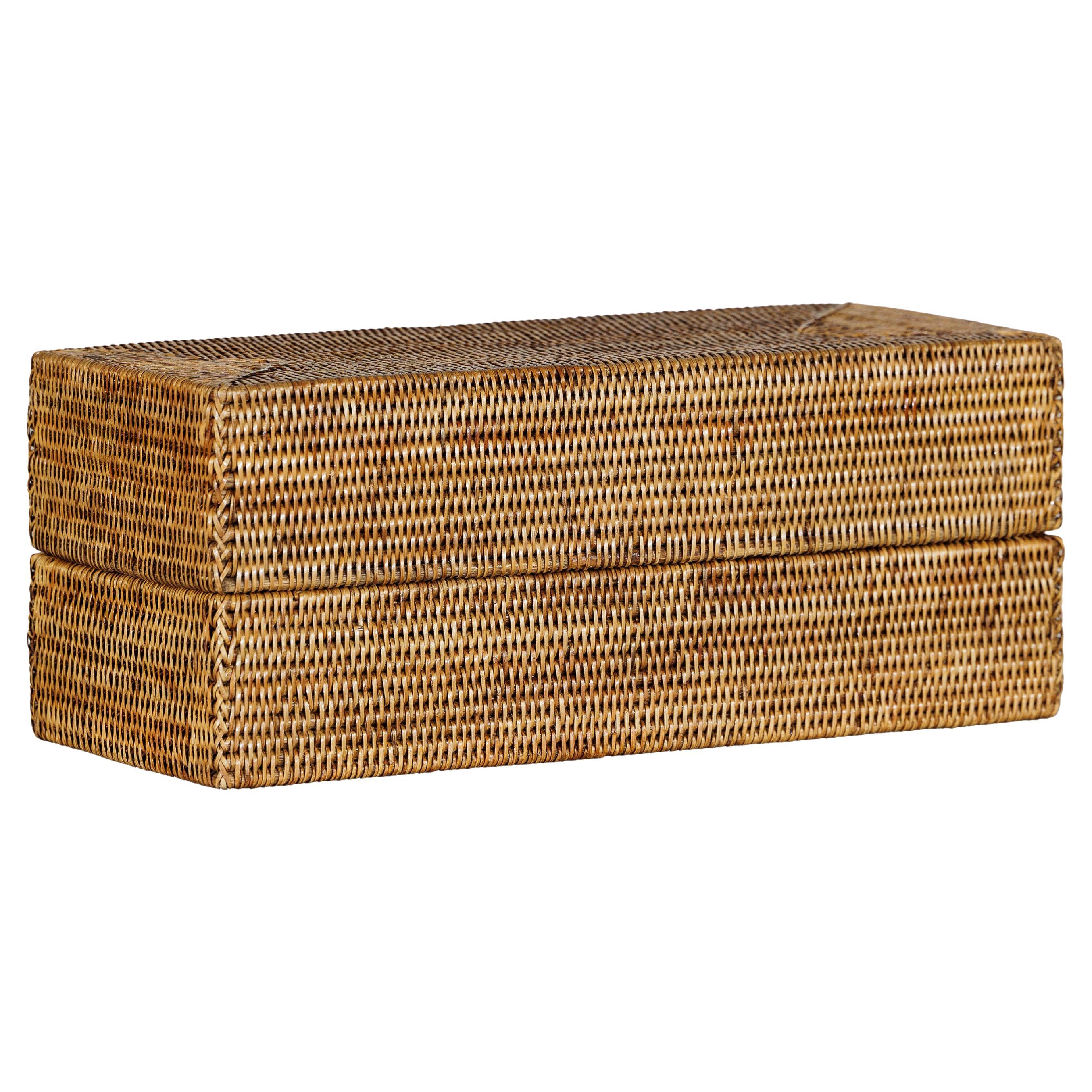 Long Rectangular Woven Rattan Lidded Box for Decorative Storage in Country Style For Sale