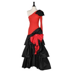 Retro Long red and black asymmetrical  evening dress Loris Azzaro Paris 