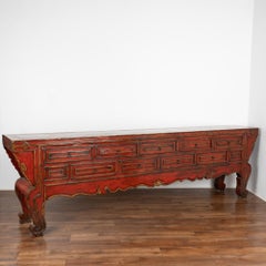 Long Red Lacquered Chinese Sideboard Console With Drawers, circa 1820-40