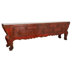 Long Red Lacquered Chinese Sideboard Console With Drawers, circa 1820-40