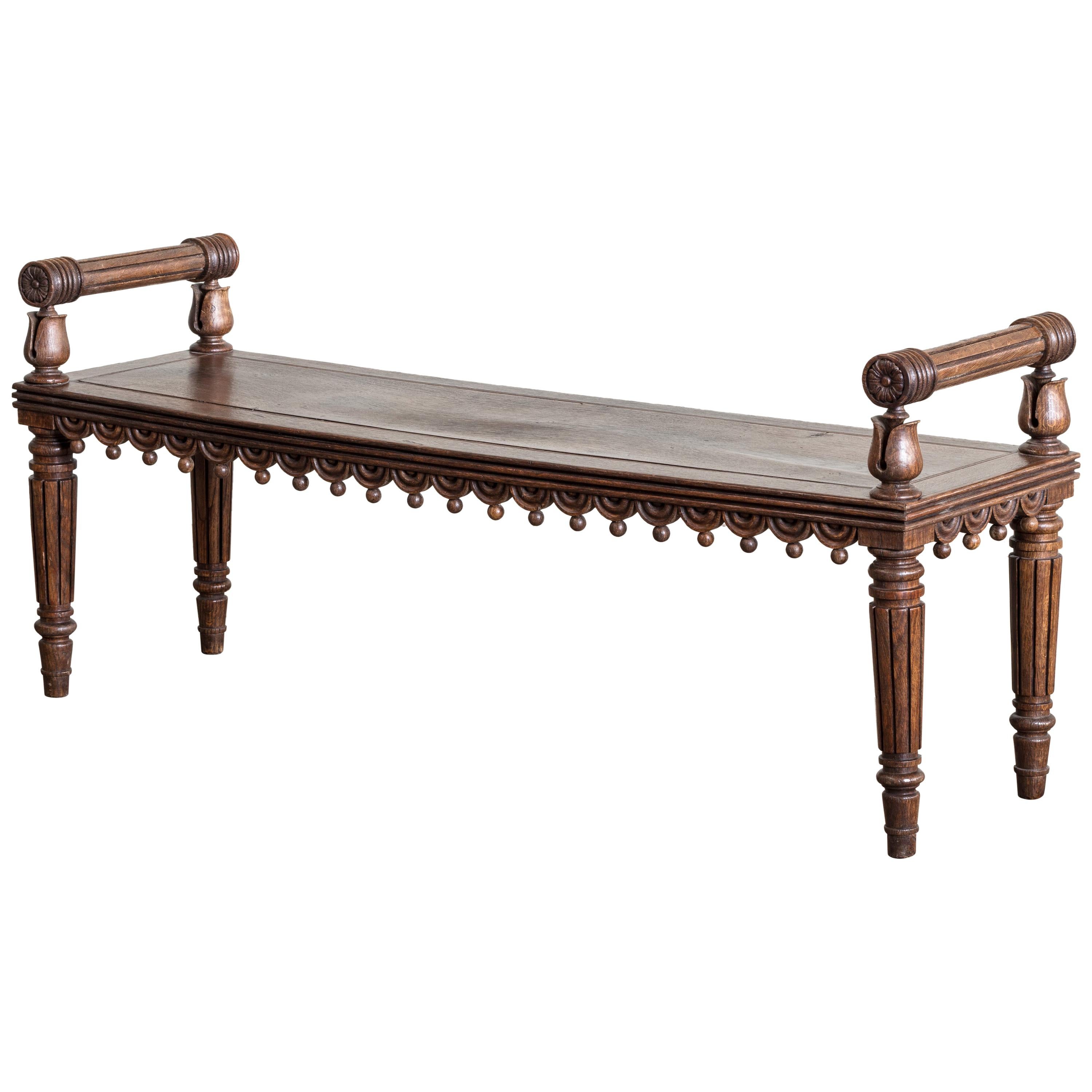 Long Regency Oak Hall Bench, in the Manner of Bullock