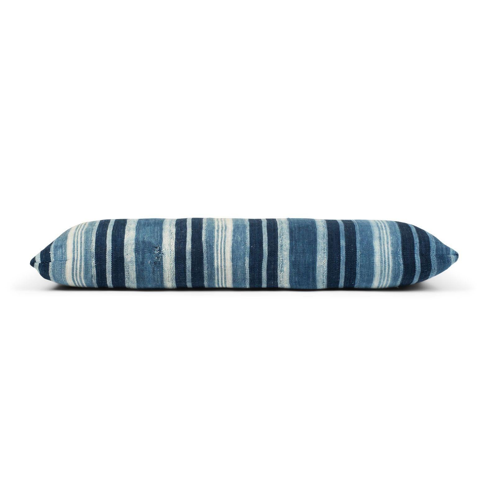 Hand-Woven Long Rich Faded Indigo Stripe Lumbar Cushion For Sale