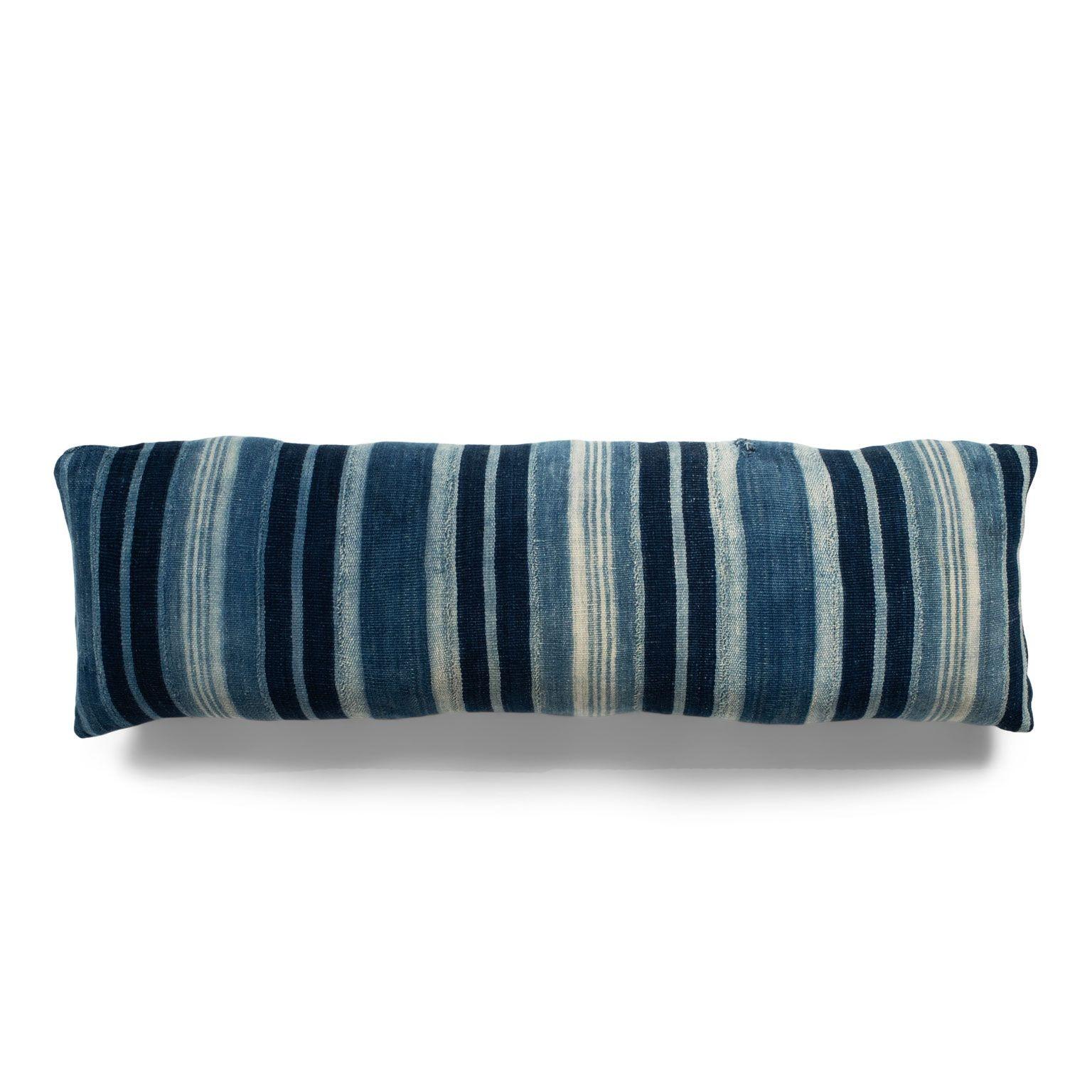Long Rich Faded Indigo Stripe Lumbar Cushion In Good Condition For Sale In Houston, TX