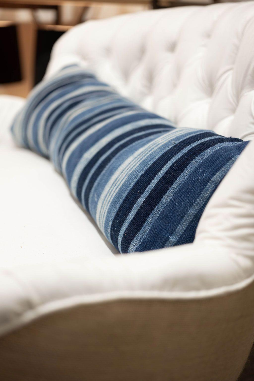 Long Rich Faded Indigo Stripe Lumbar Cushion For Sale 1
